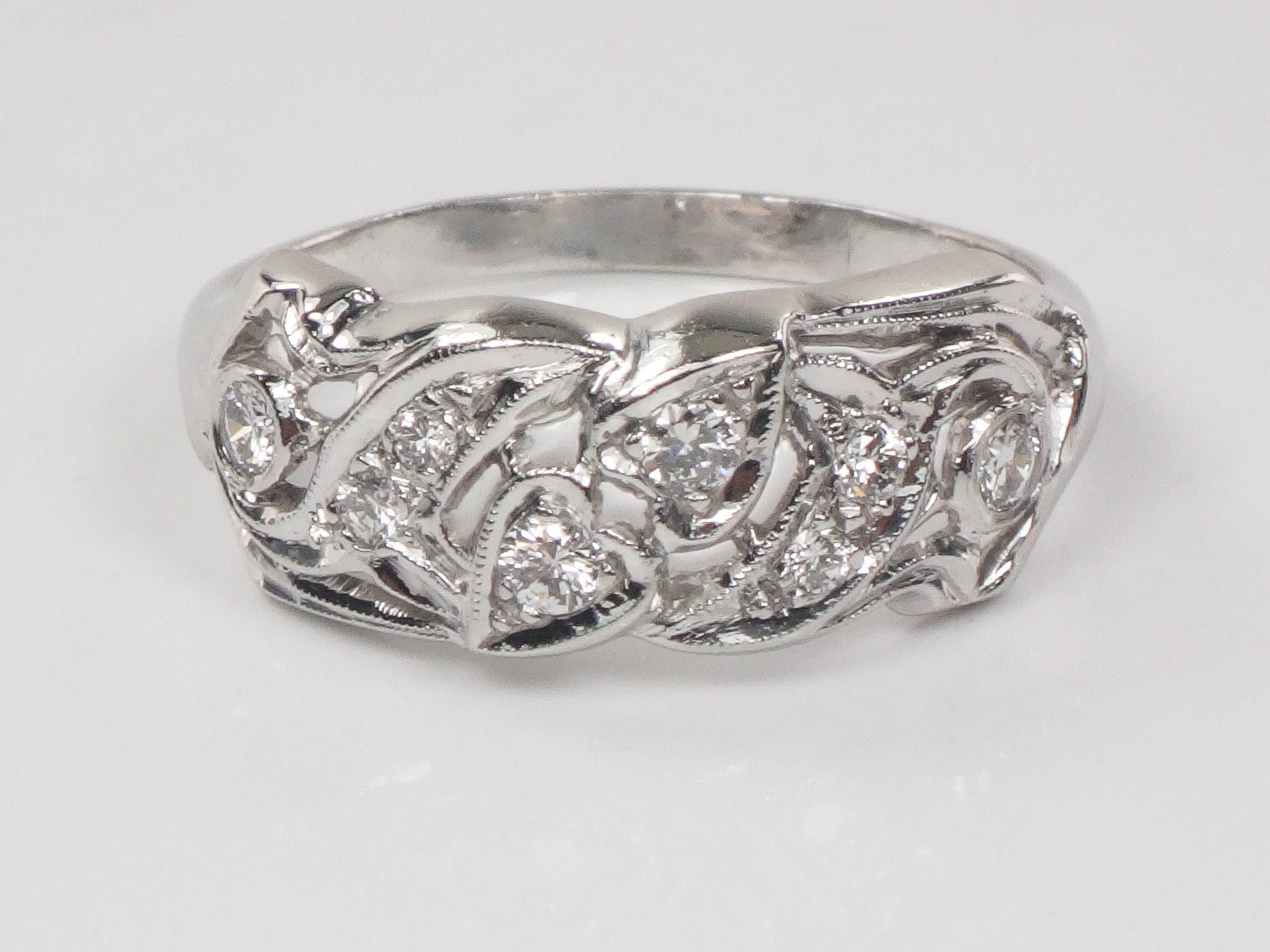 Vintage Platinum Natural Diamond Ring Retro Wide Wedding Band with Heart Design Size 10.5