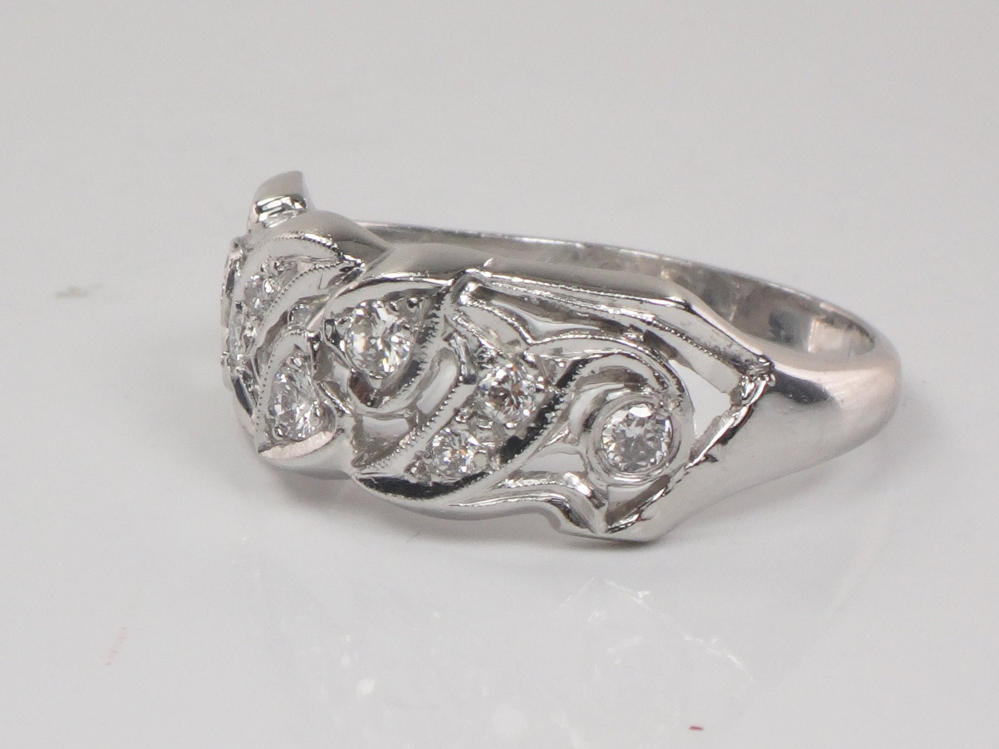 Vintage Platinum Natural Diamond Ring Retro Wide Wedding Band with Heart Design Size 10.5