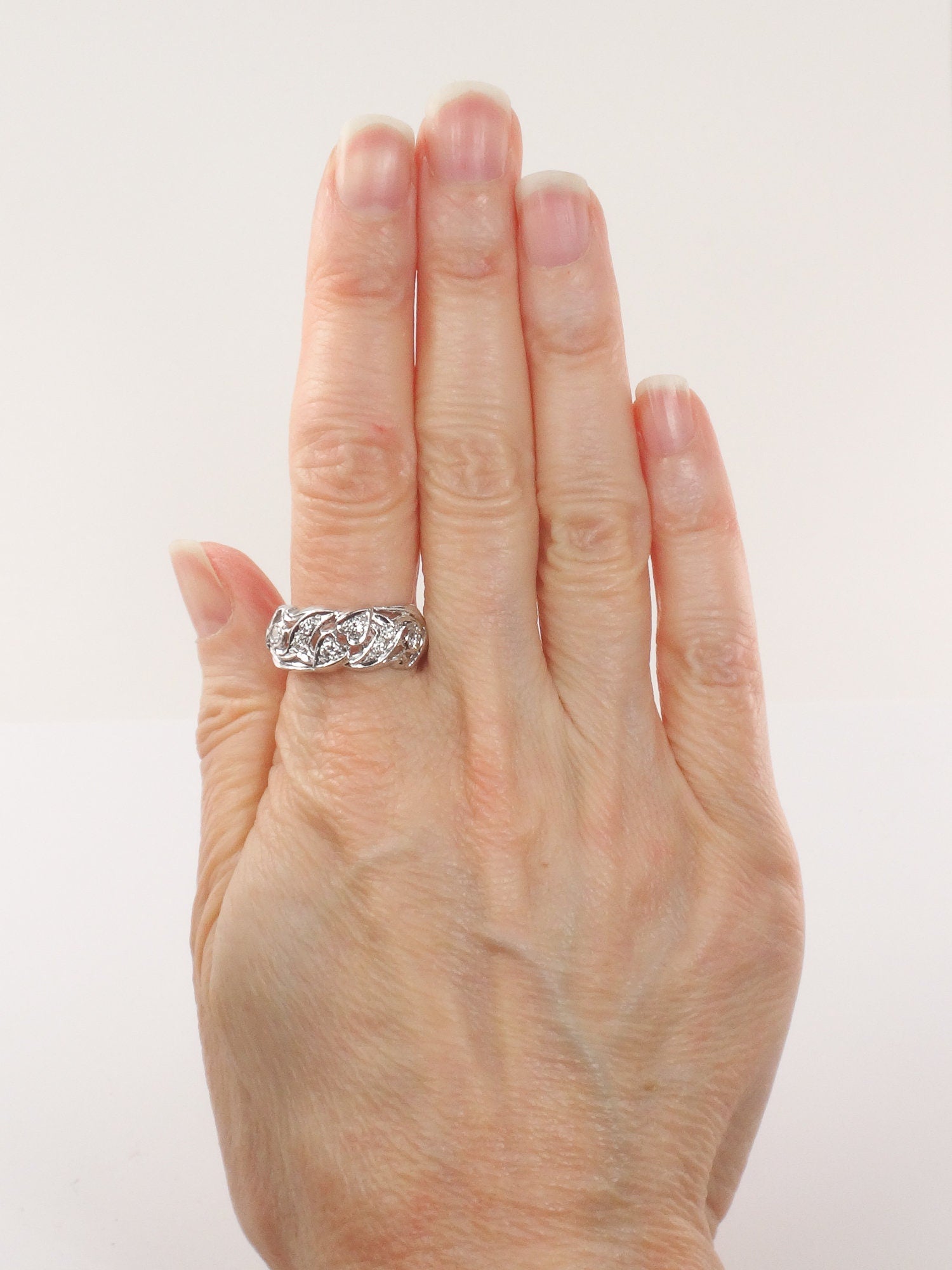 Vintage Platinum Natural Diamond Ring Retro Wide Wedding Band with Heart Design Size 10.5