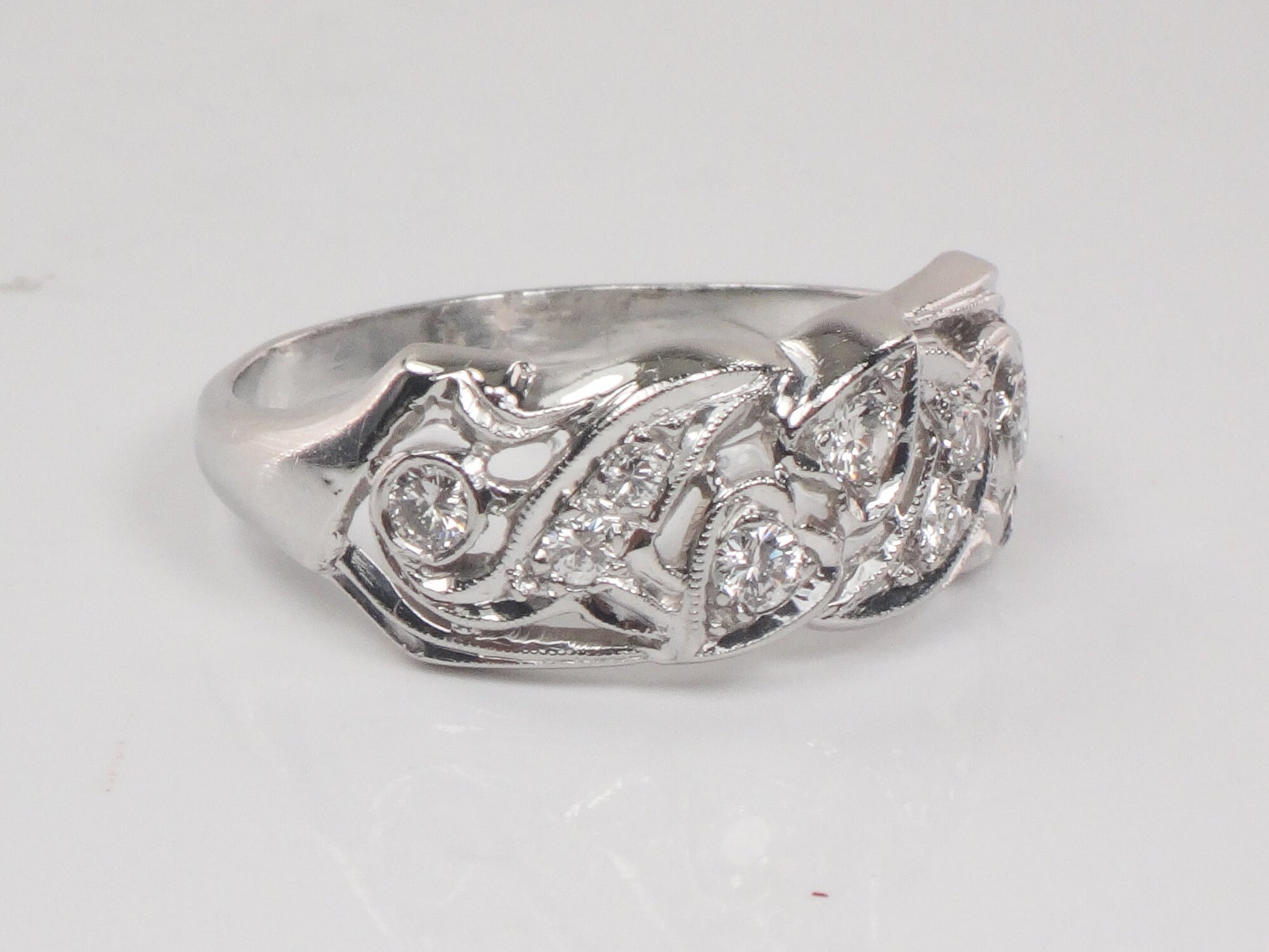 Vintage Platinum Natural Diamond Ring Retro Wide Wedding Band with Heart Design Size 10.5