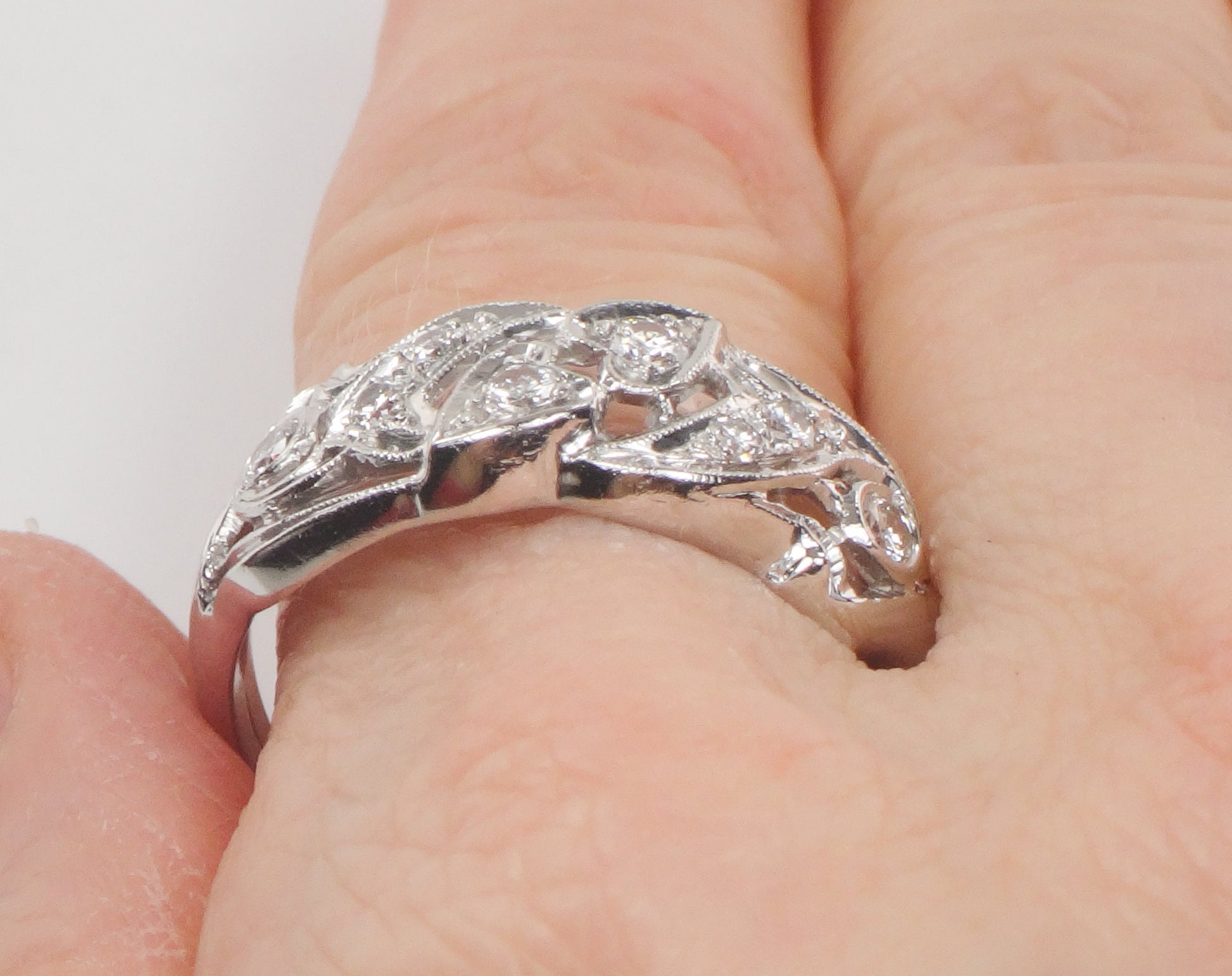Vintage Platinum Natural Diamond Ring Retro Wide Wedding Band with Heart Design Size 10.5