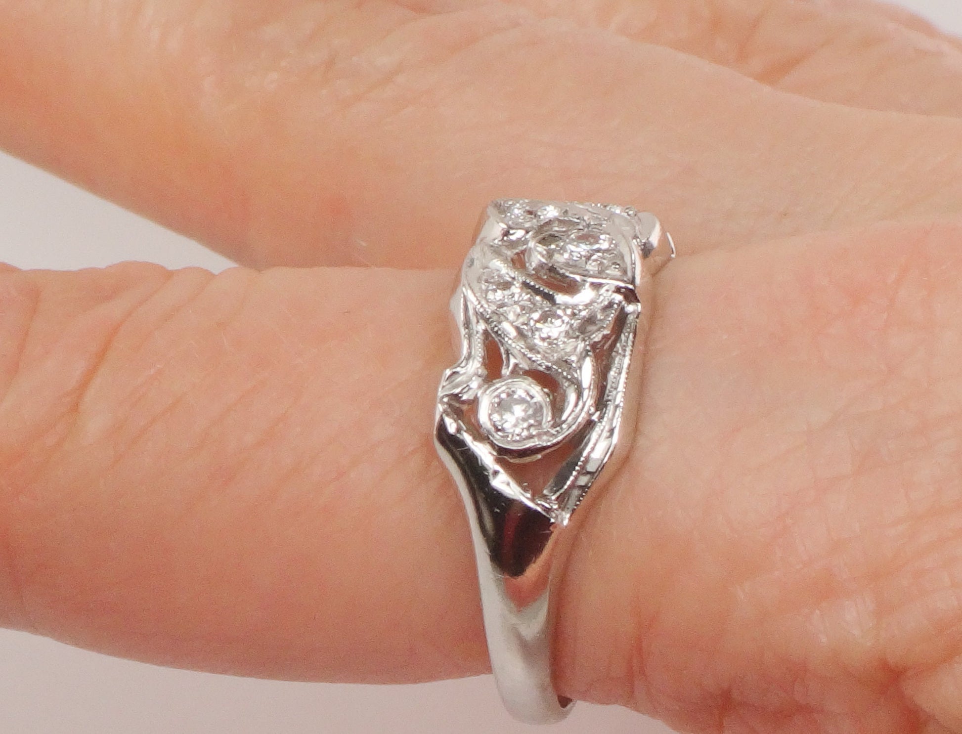 Vintage Platinum Natural Diamond Ring Retro Wide Wedding Band with Heart Design Size 10.5