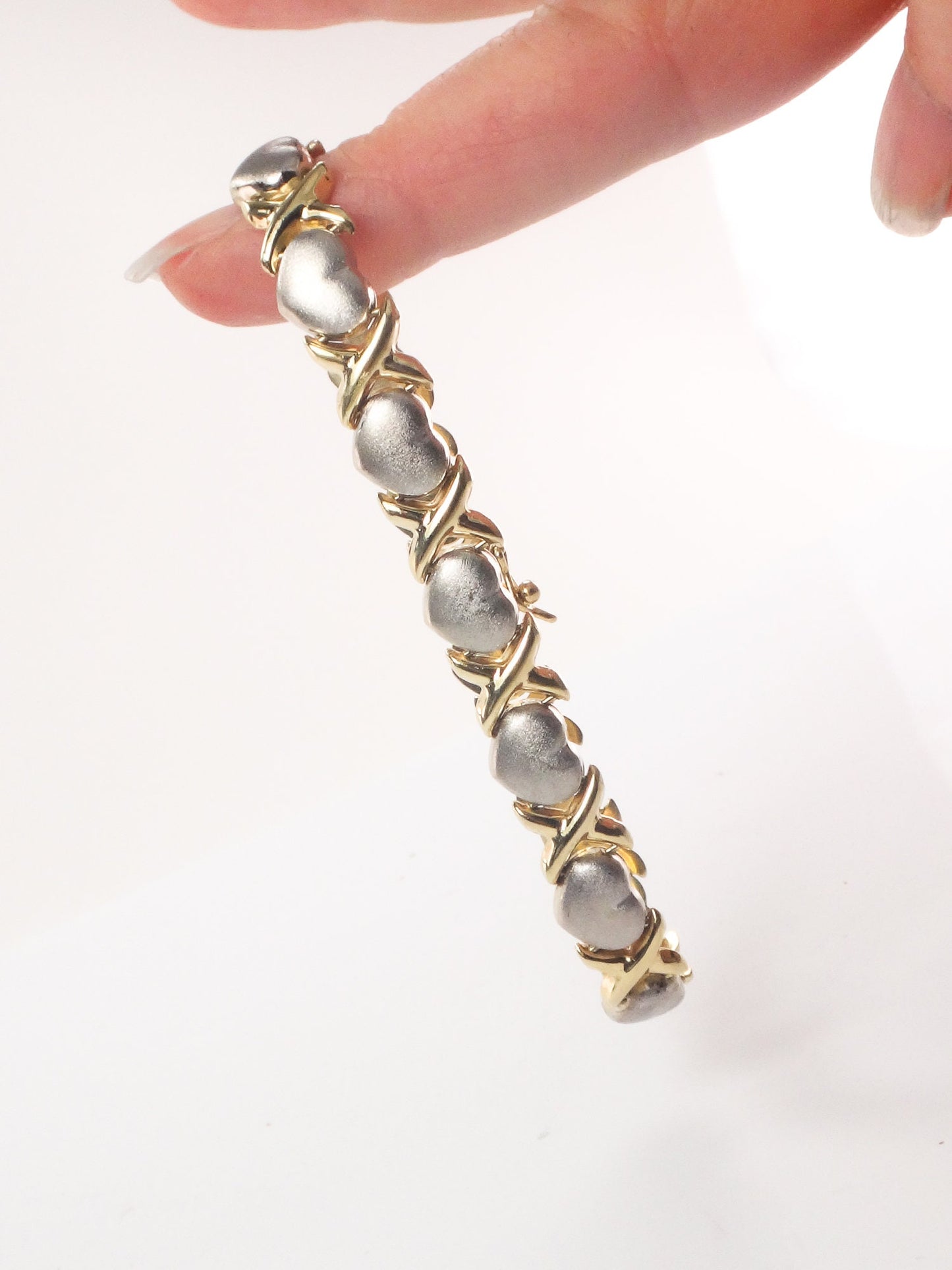 14k Two-Tone Gold X and Hearts Bracelet - Hugs and Kisses Italian Gold Bracelet - 7.25" - Circa 1990's