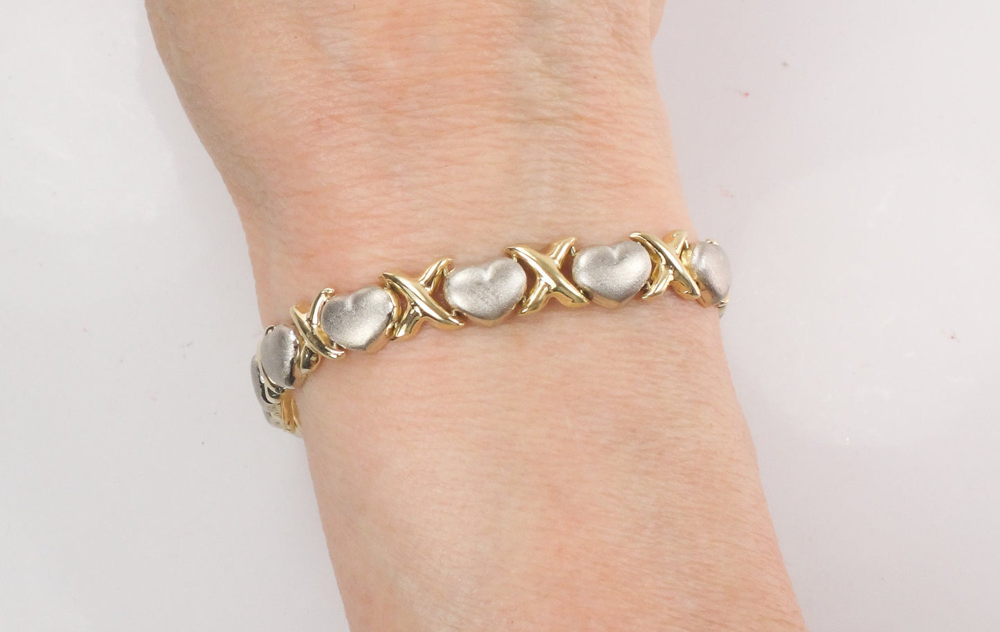 14k Two-Tone Gold X and Hearts Bracelet - Hugs and Kisses Italian Gold Bracelet - 7.25" - Circa 1990's