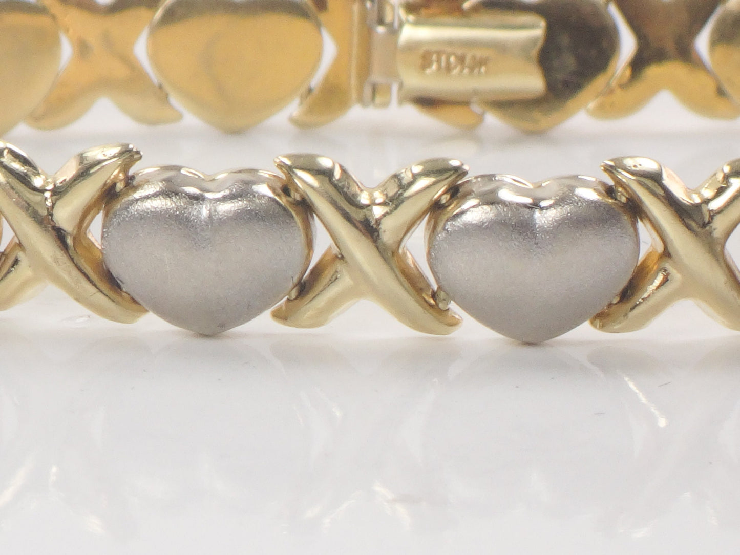 14k Two-Tone Gold X and Hearts Bracelet - Hugs and Kisses Italian Gold Bracelet - 7.25" - Circa 1990's