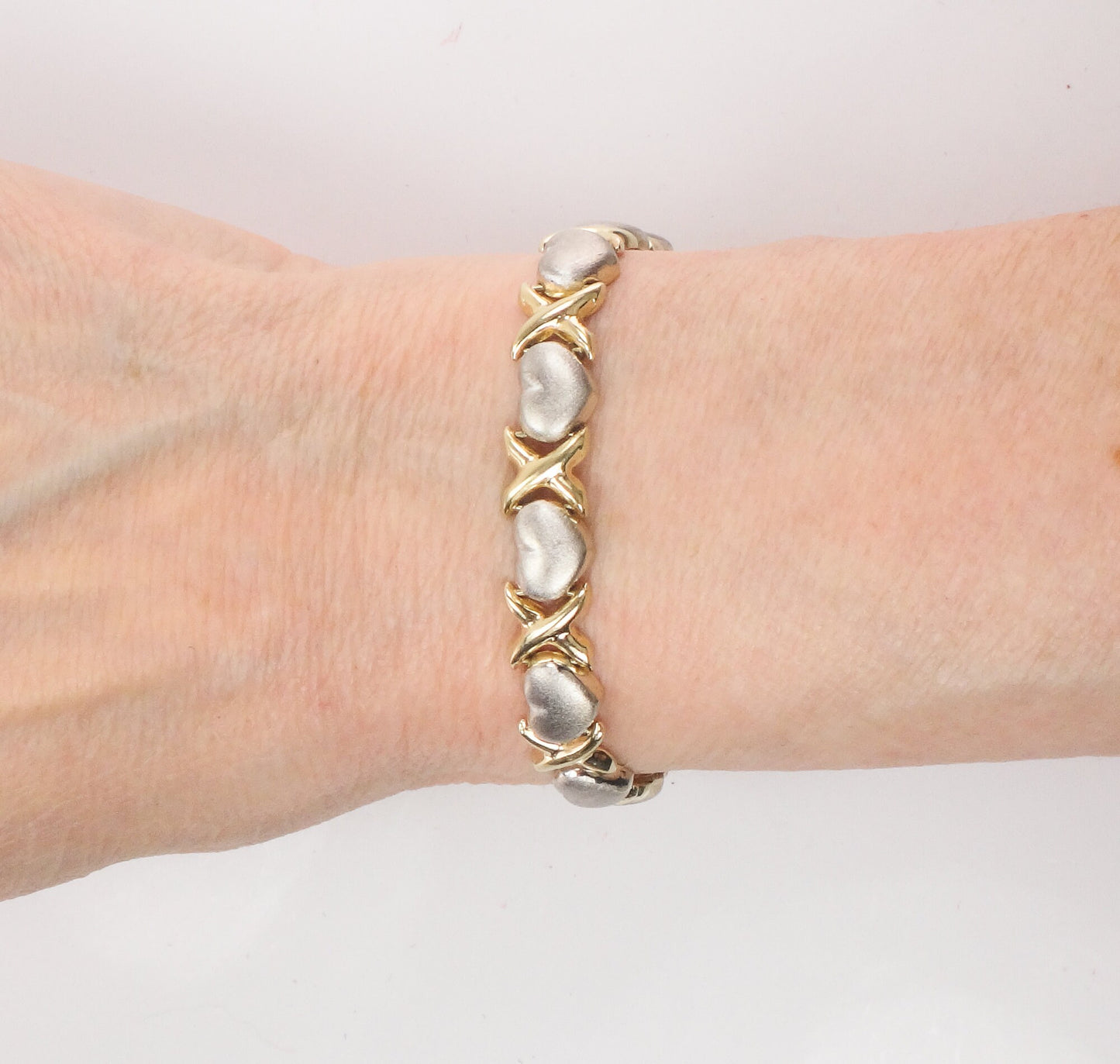 14k Two-Tone Gold X and Hearts Bracelet - Hugs and Kisses Italian Gold Bracelet - 7.25" - Circa 1990's