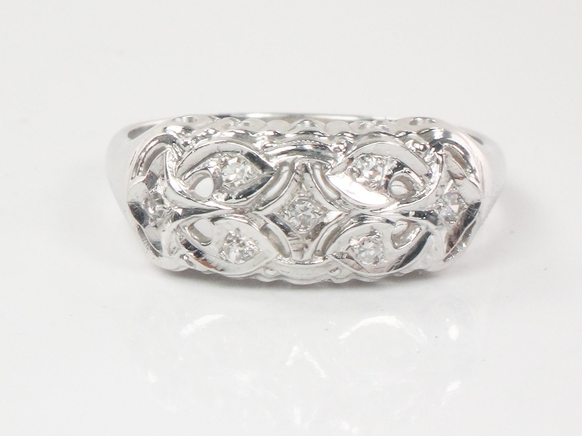 Vintage 14k White Gold Natural Diamond Ring Wide Pierced Wedding Band Size 11