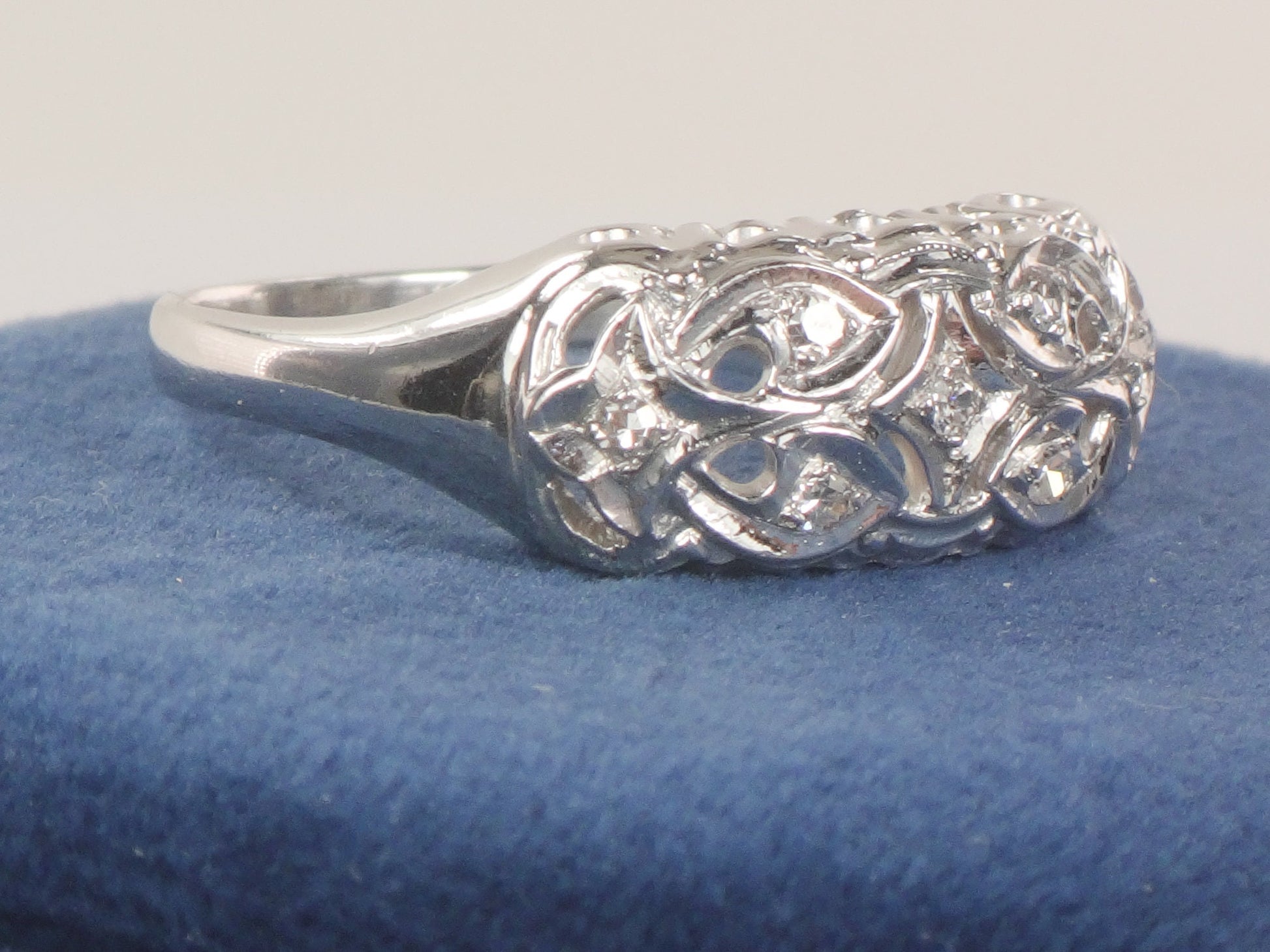 Vintage 14k White Gold Natural Diamond Ring Wide Pierced Wedding Band Size 11