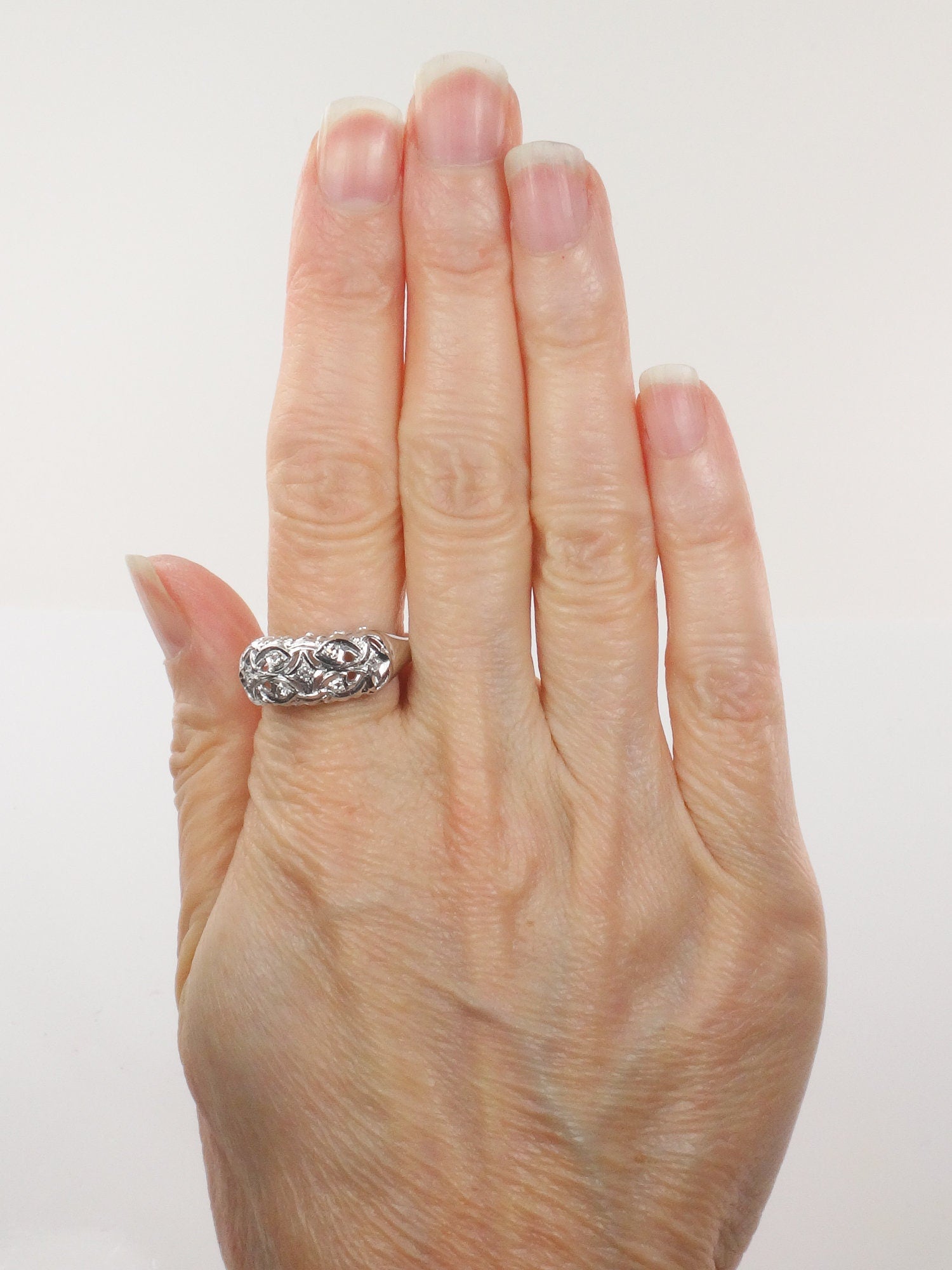 Vintage 14k White Gold Natural Diamond Ring Wide Pierced Wedding Band Size 11