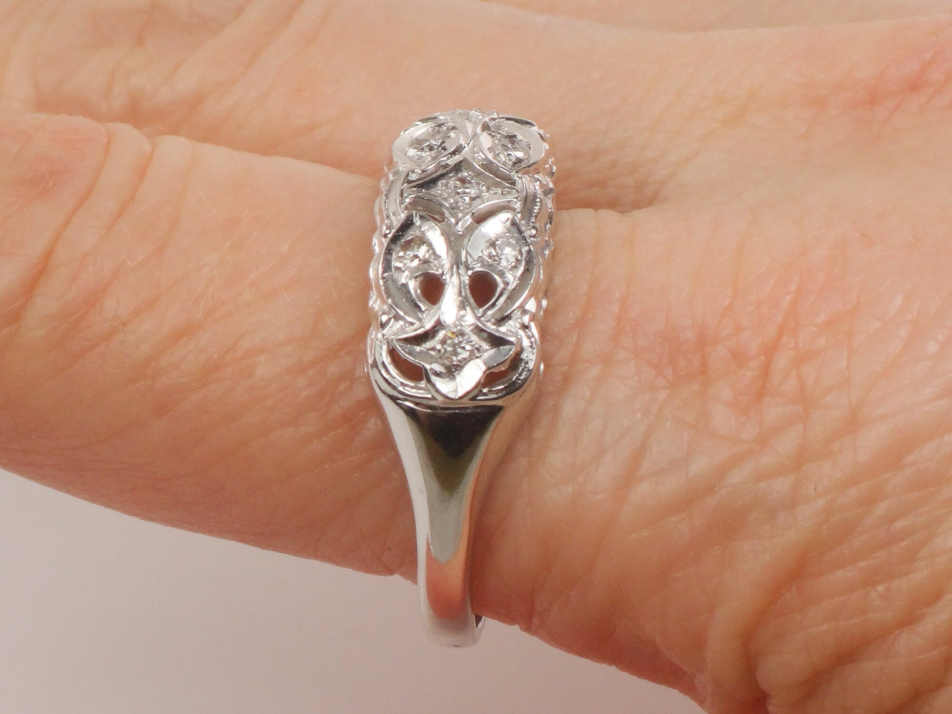 Vintage 14k White Gold Natural Diamond Ring Wide Pierced Wedding Band Size 11