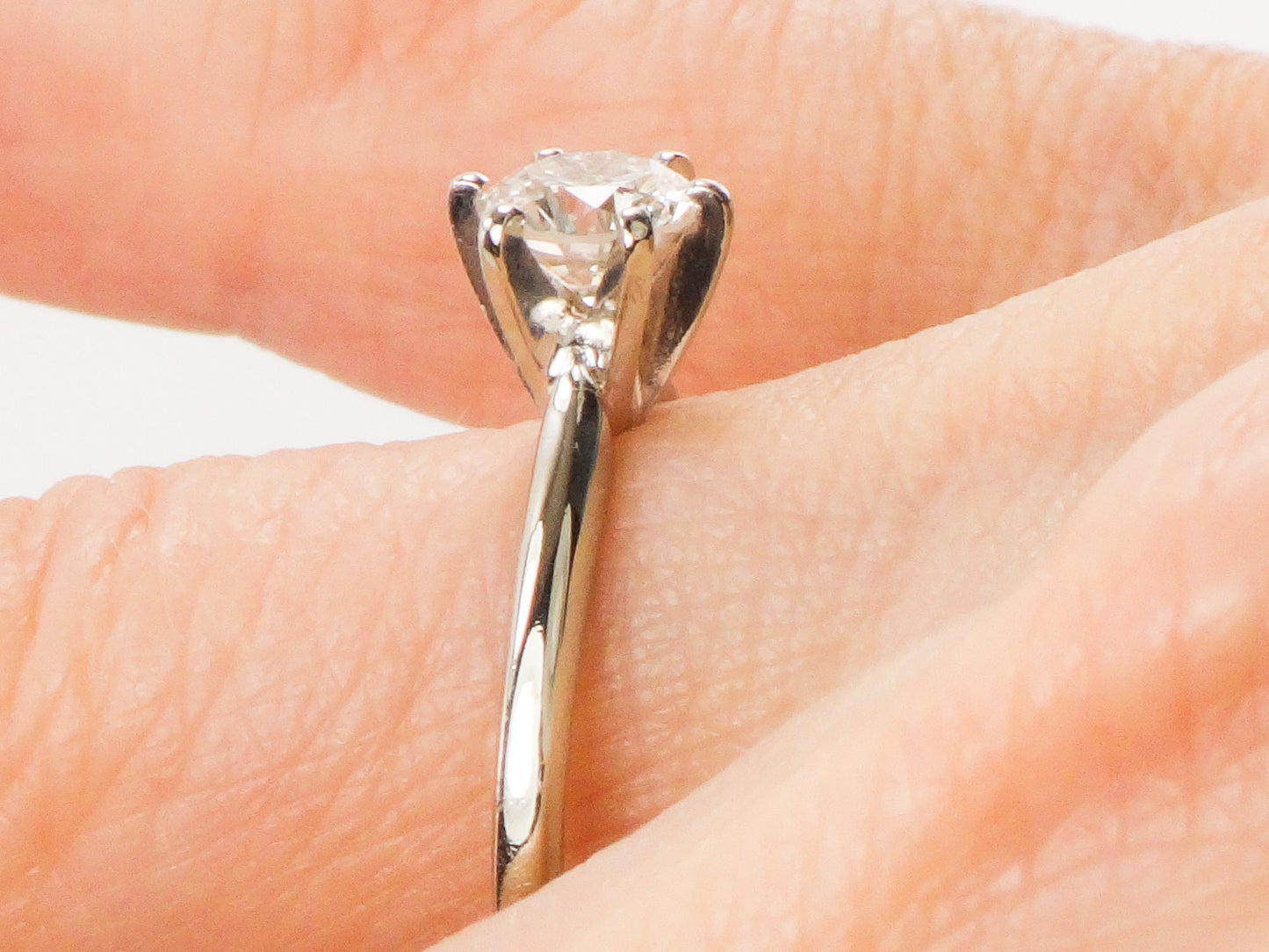 Vintage 14k White Gold Round Natural Diamond Solitaire Engagement Ring, Approximately .69 Carats Diamond