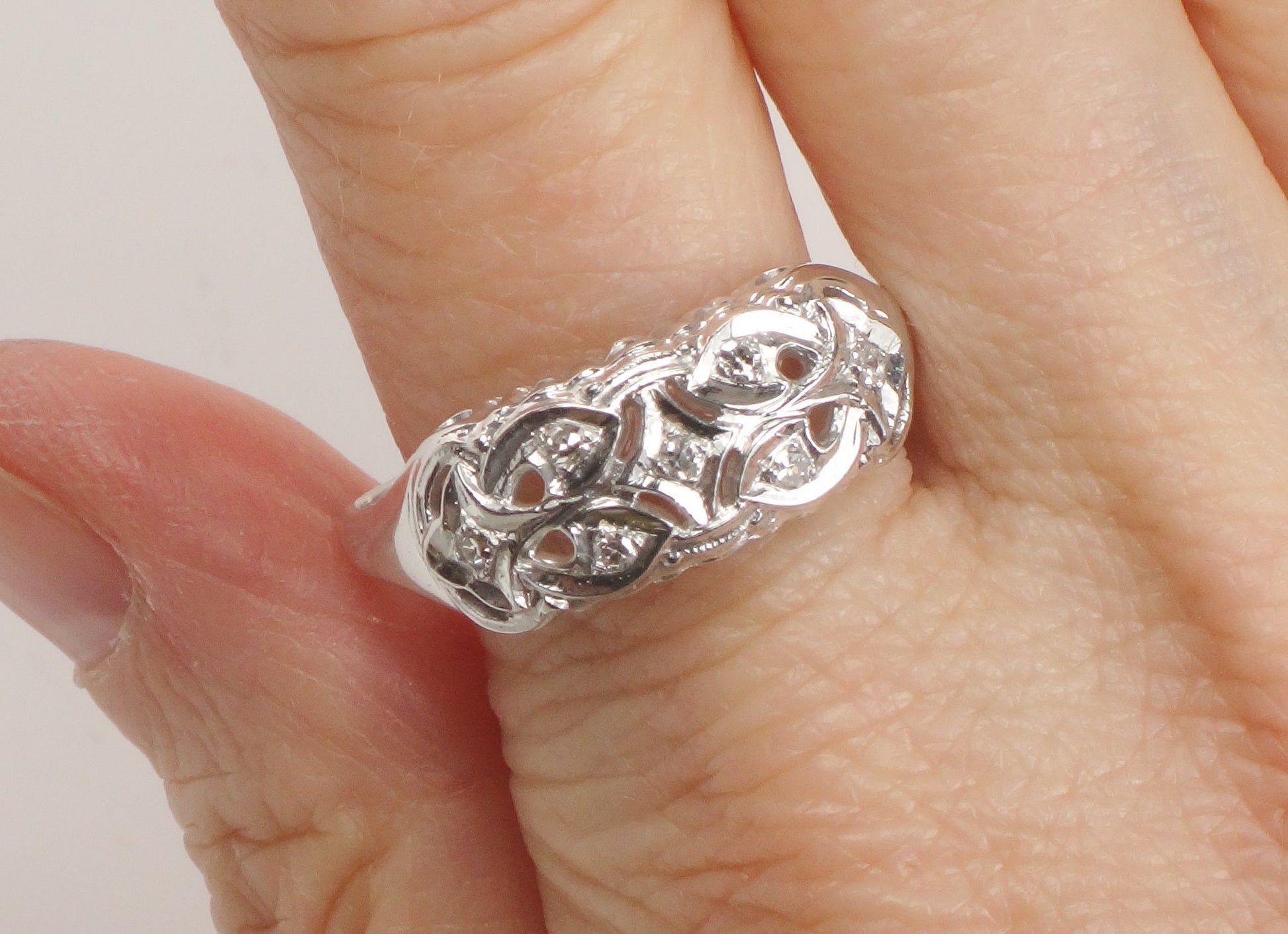 Vintage 14k White Gold Natural Diamond Ring Wide Pierced Wedding Band Size 11