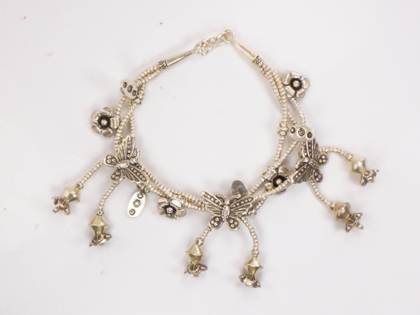 Vintage Sterling Silver Butterfly and Flower Dangle Charm Bracelet - Three Strand Floral Bracelet - 7.25"