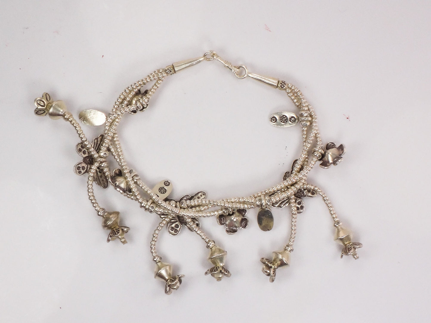 Vintage Sterling Silver Butterfly and Flower Dangle Charm Bracelet - Three Strand Floral Bracelet - 7.25"