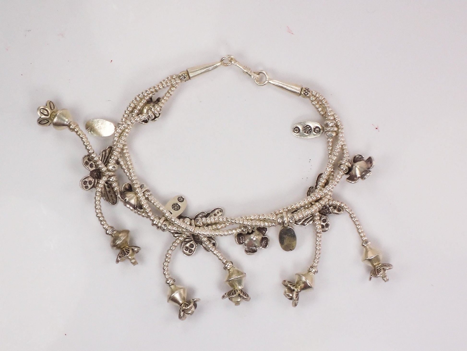 Vintage Sterling Silver Butterfly and Flower Dangle Charm Bracelet - Three Strand Floral Bracelet - 7.25"