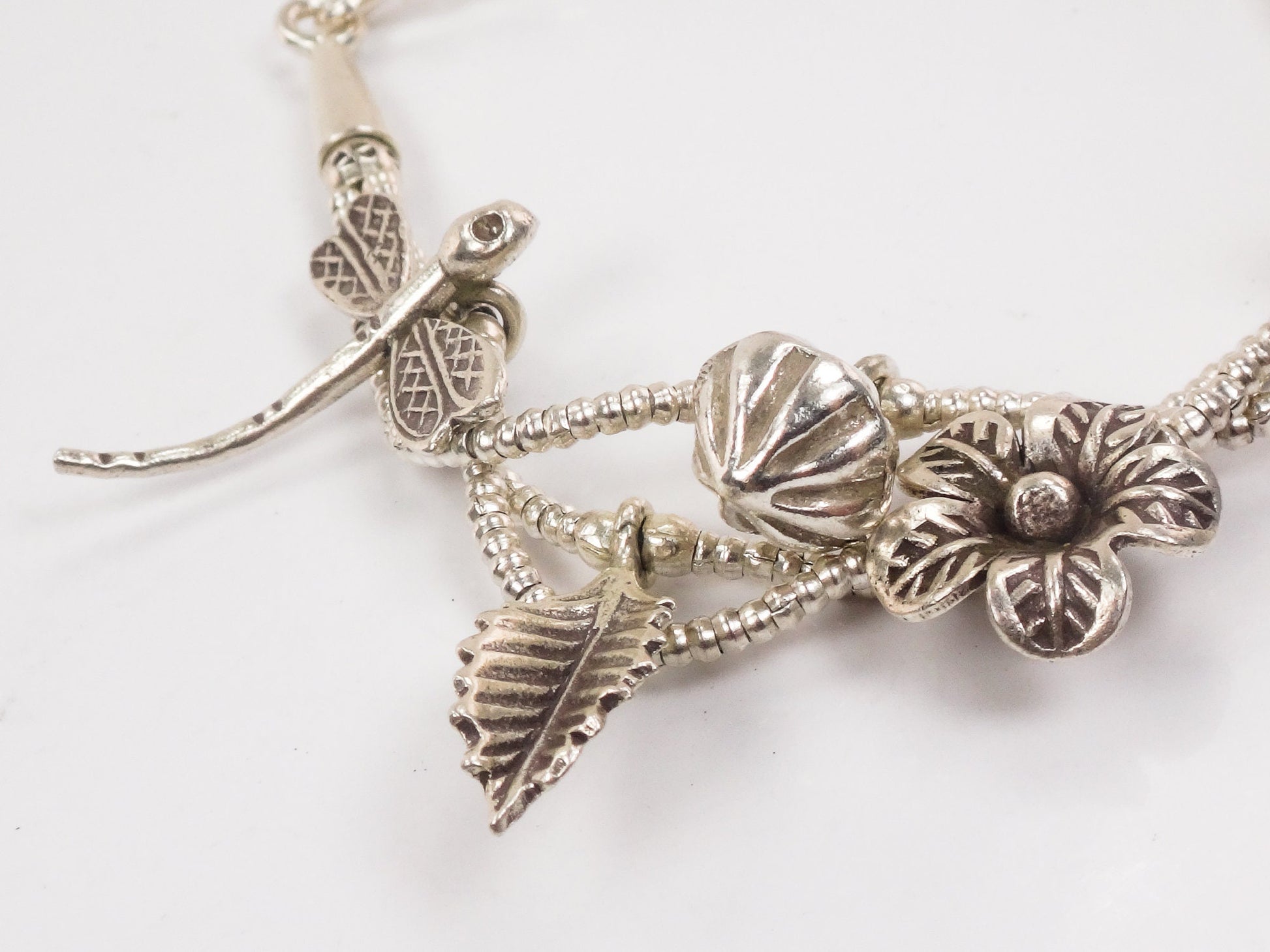 Sterling Silver Dragonfly and Flower Charm Bracelet Summer Garden Bracelet - Flexible 7.25"