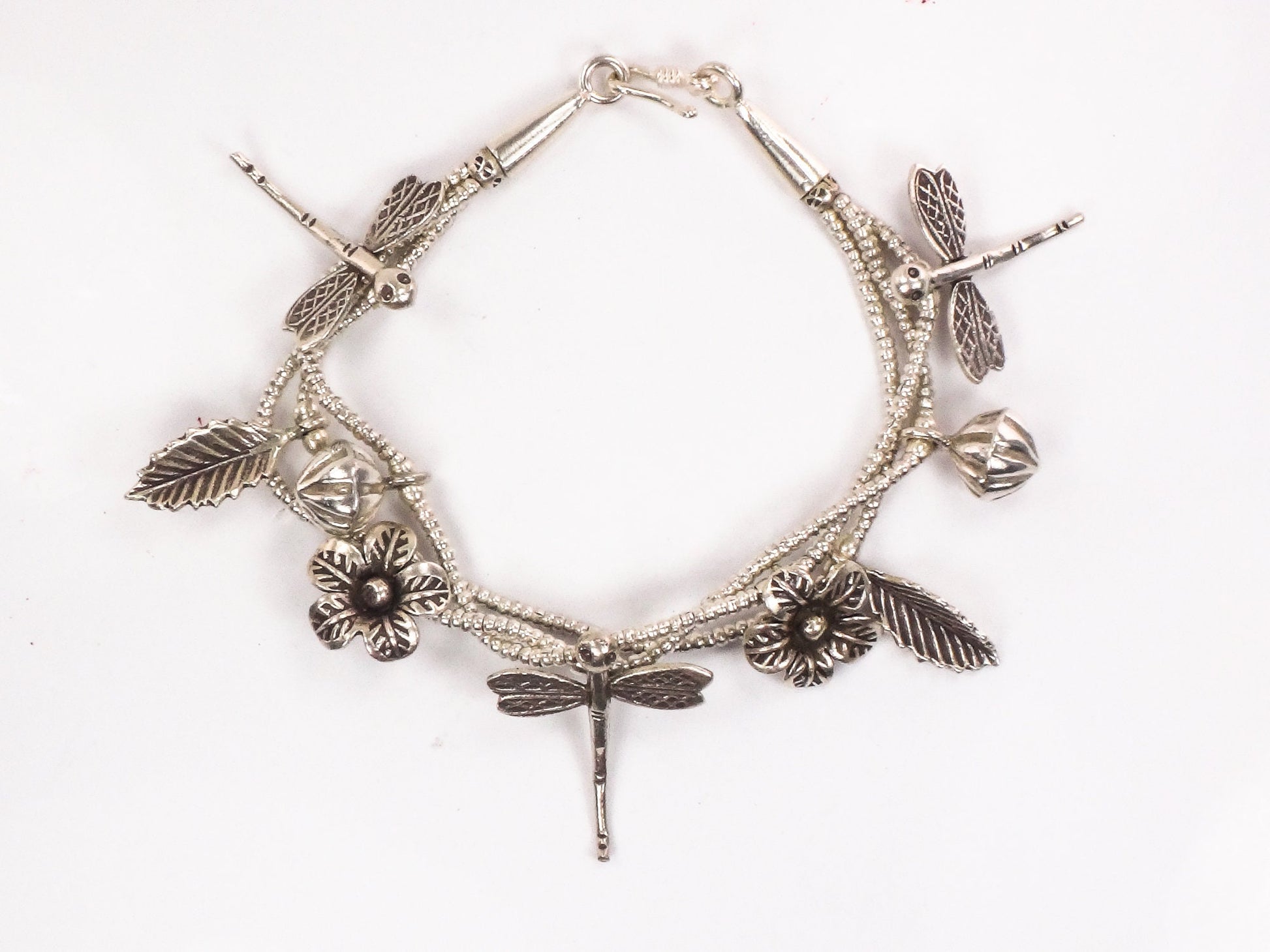 Sterling Silver Dragonfly and Flower Charm Bracelet Summer Garden Bracelet - Flexible 7.25"