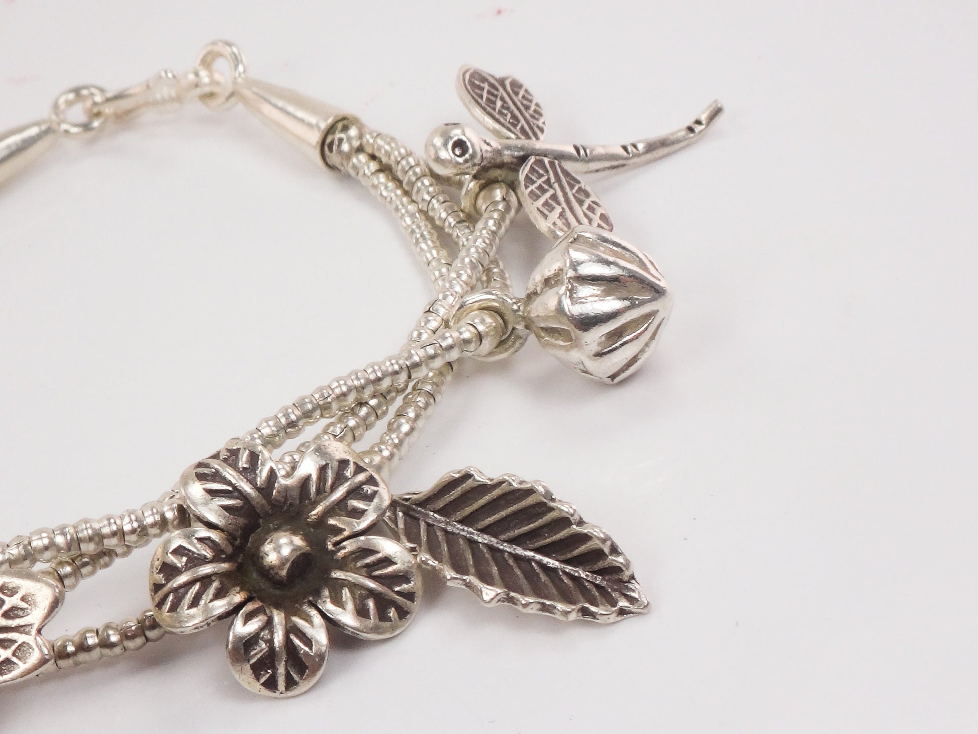 Sterling Silver Dragonfly and Flower Charm Bracelet Summer Garden Bracelet - Flexible 7.25"
