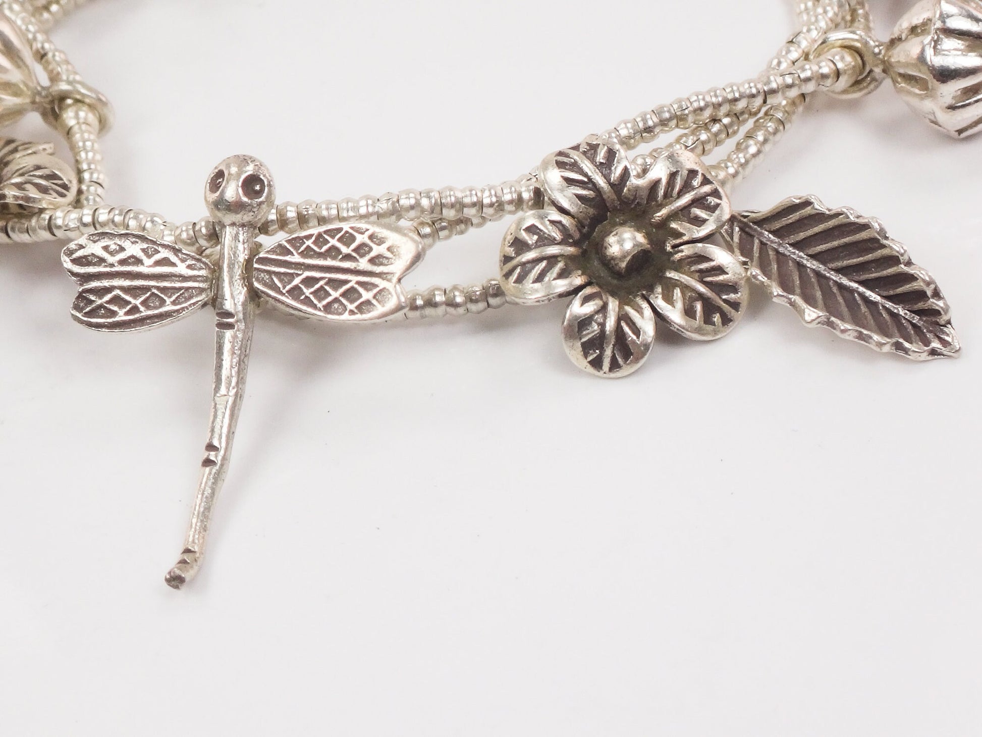 Sterling Silver Dragonfly and Flower Charm Bracelet Summer Garden Bracelet - Flexible 7.25"