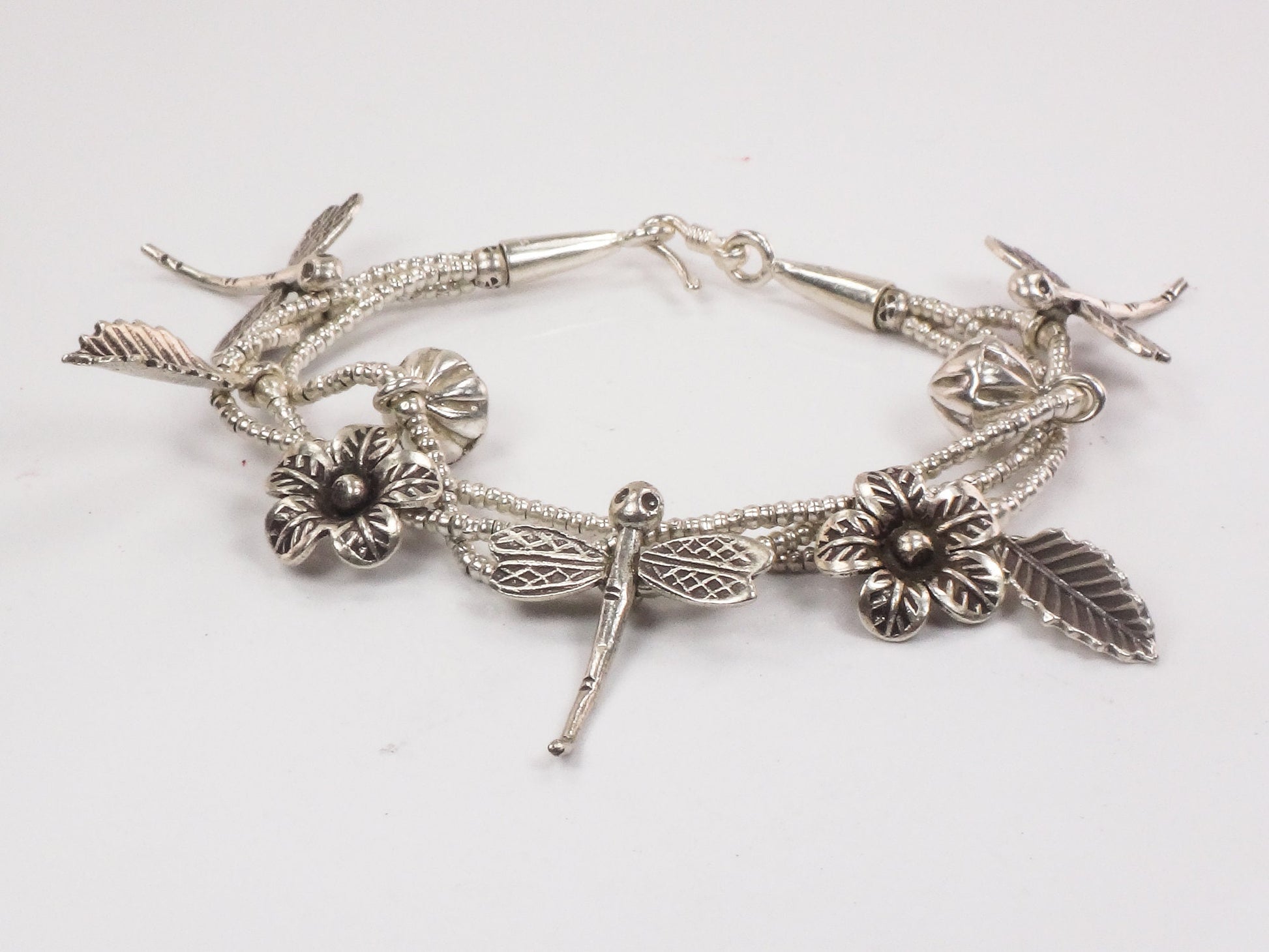 Sterling Silver Dragonfly and Flower Charm Bracelet Summer Garden Bracelet - Flexible 7.25"