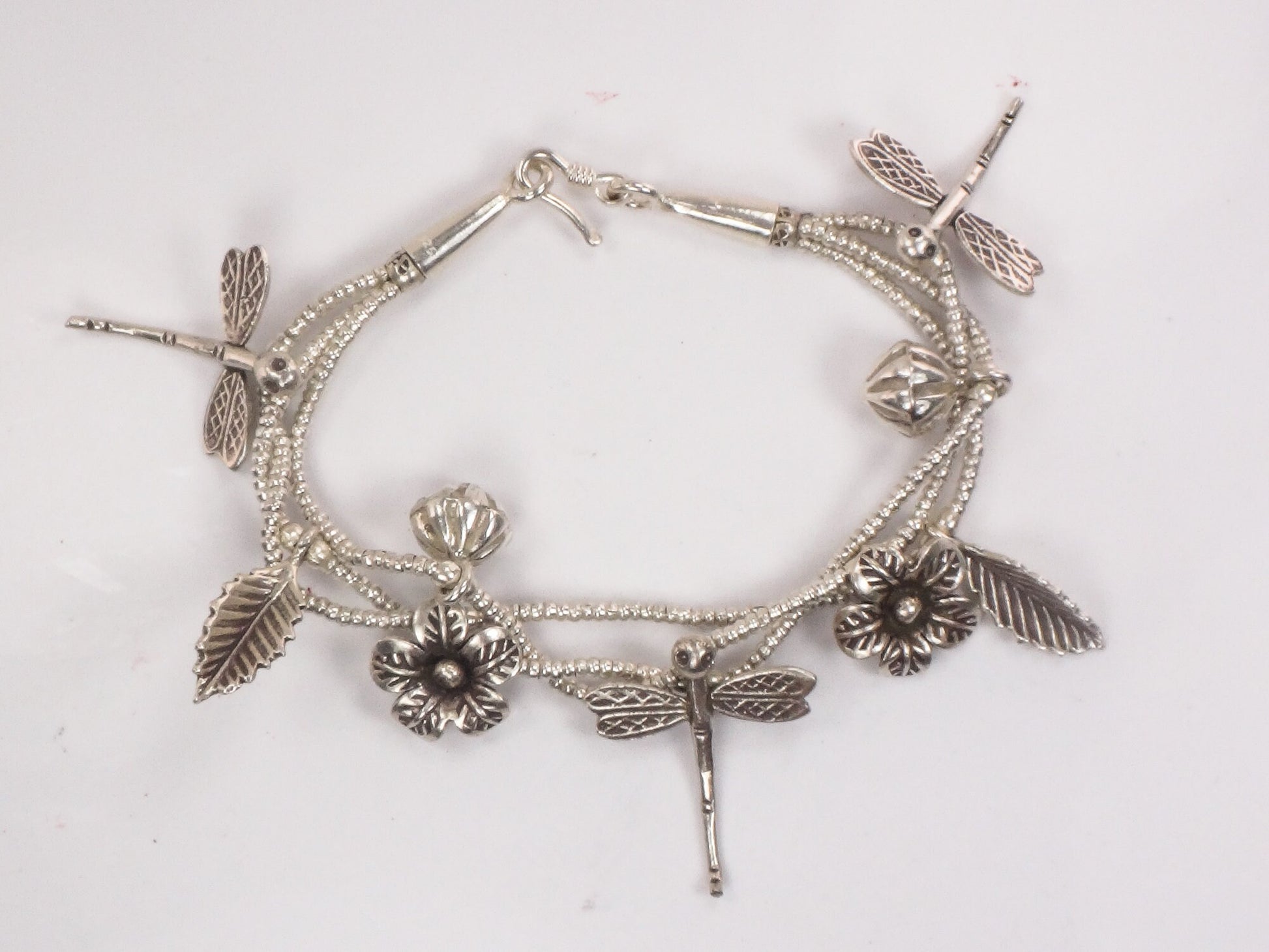 Sterling Silver Dragonfly and Flower Charm Bracelet Summer Garden Bracelet - Flexible 7.25"