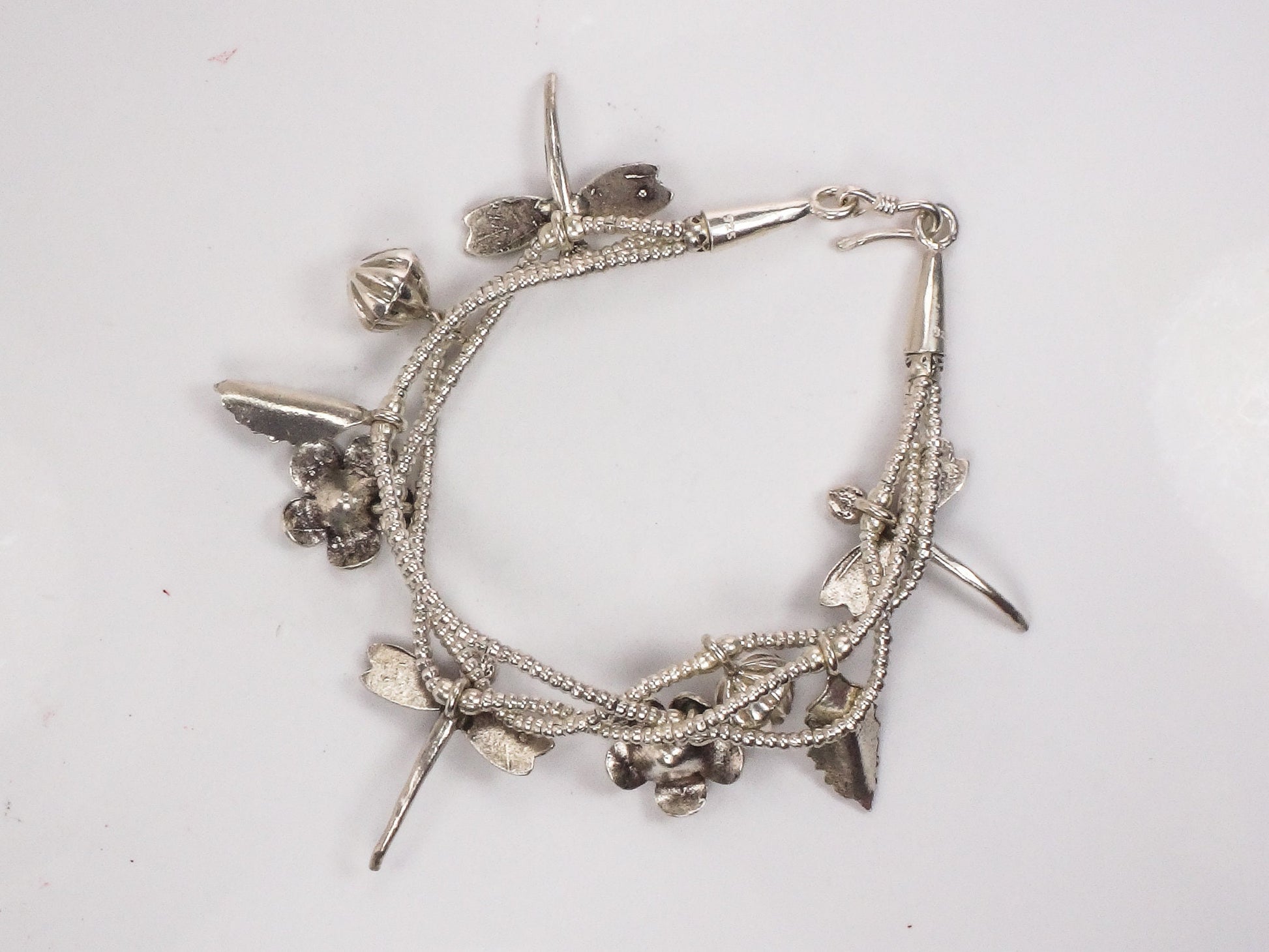Sterling Silver Dragonfly and Flower Charm Bracelet Summer Garden Bracelet - Flexible 7.25"