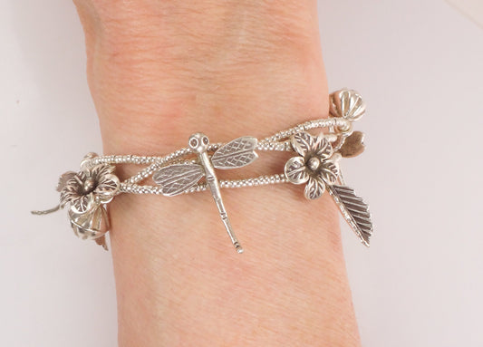 Sterling Silver Dragonfly and Flower Charm Bracelet Summer Garden Bracelet - Flexible 7.25"