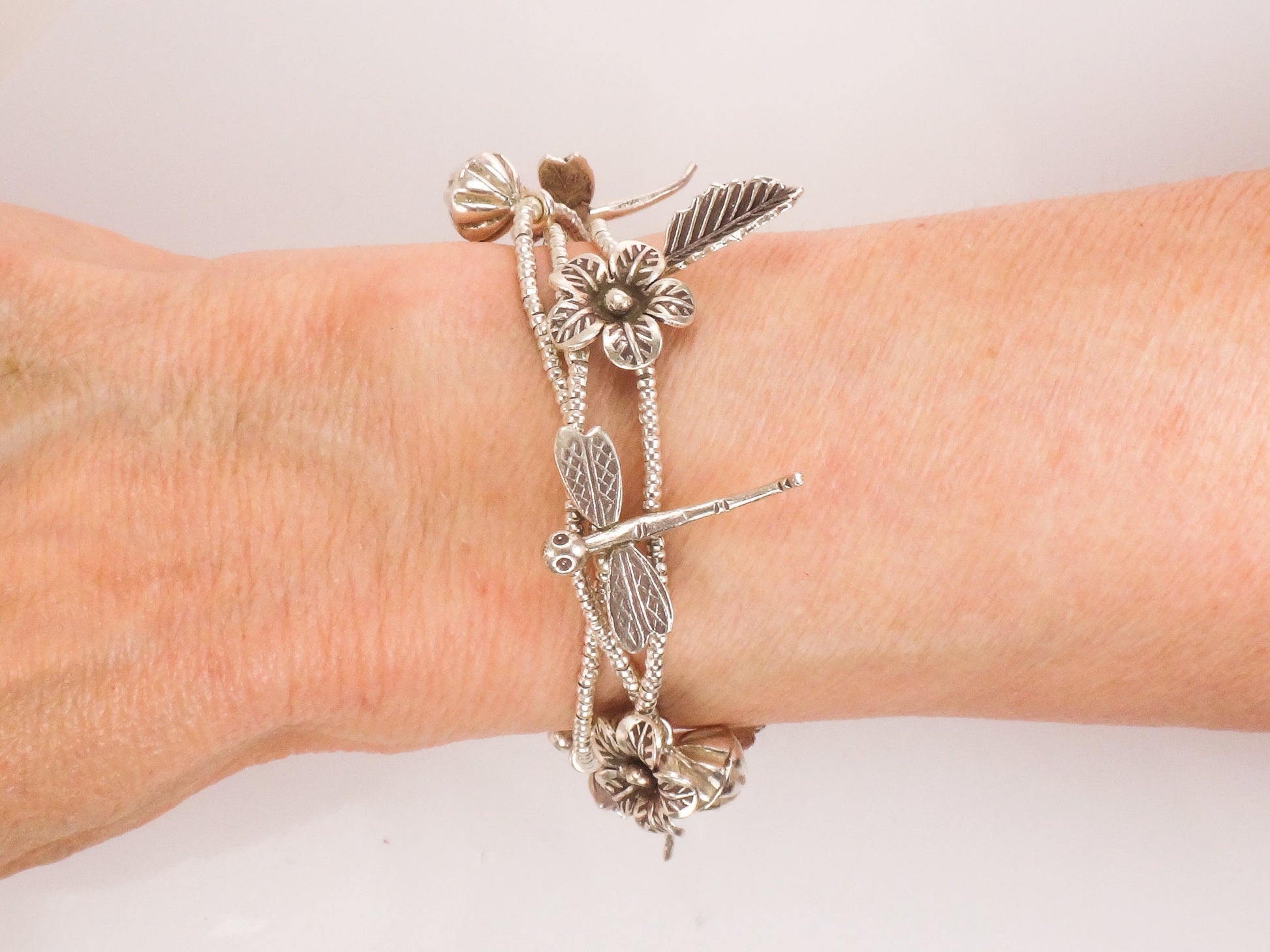 Sterling Silver Dragonfly and Flower Charm Bracelet Summer Garden Bracelet - Flexible 7.25"