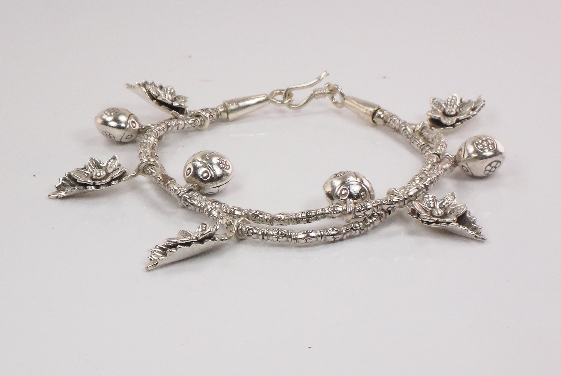 Sterling Silver Ladybug and Flower Charm Bracelet Flexible 7"