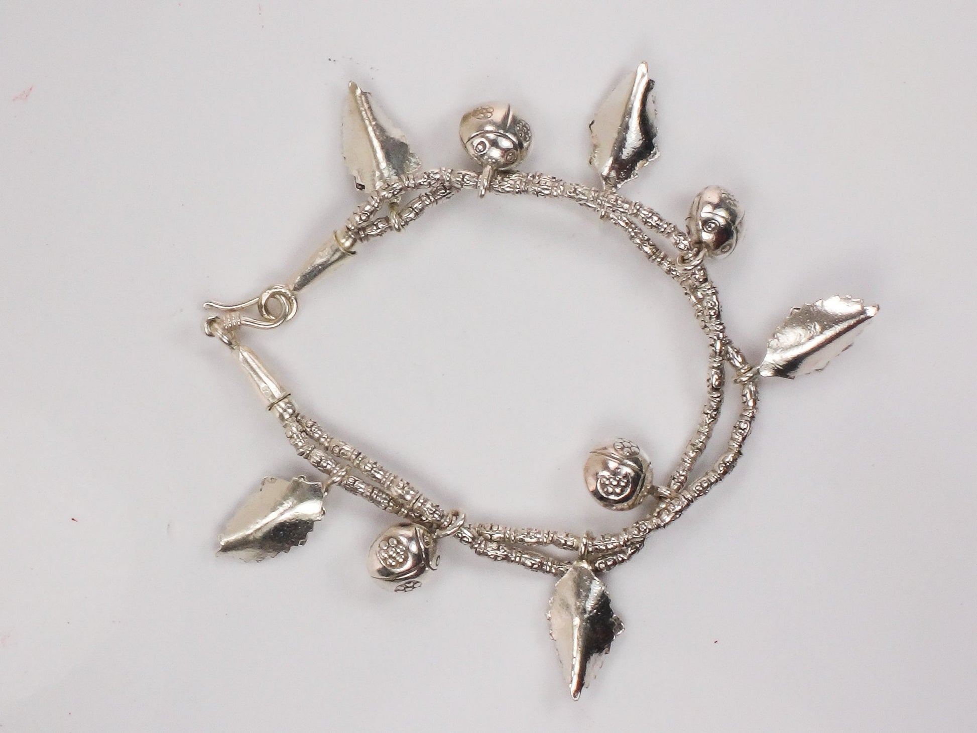 Sterling Silver Ladybug and Flower Charm Bracelet Flexible 7"