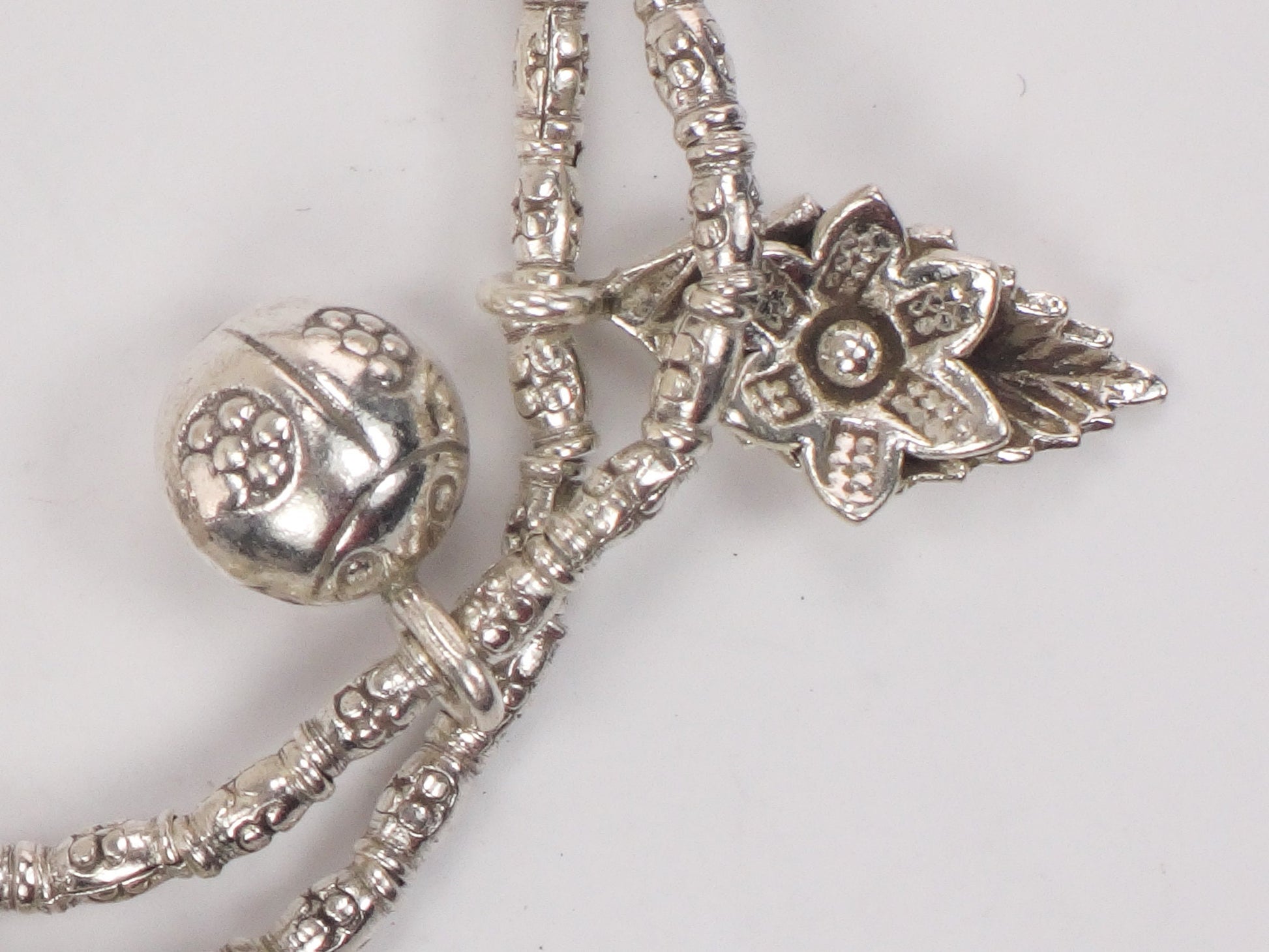 Sterling Silver Ladybug and Flower Charm Bracelet Flexible 7"