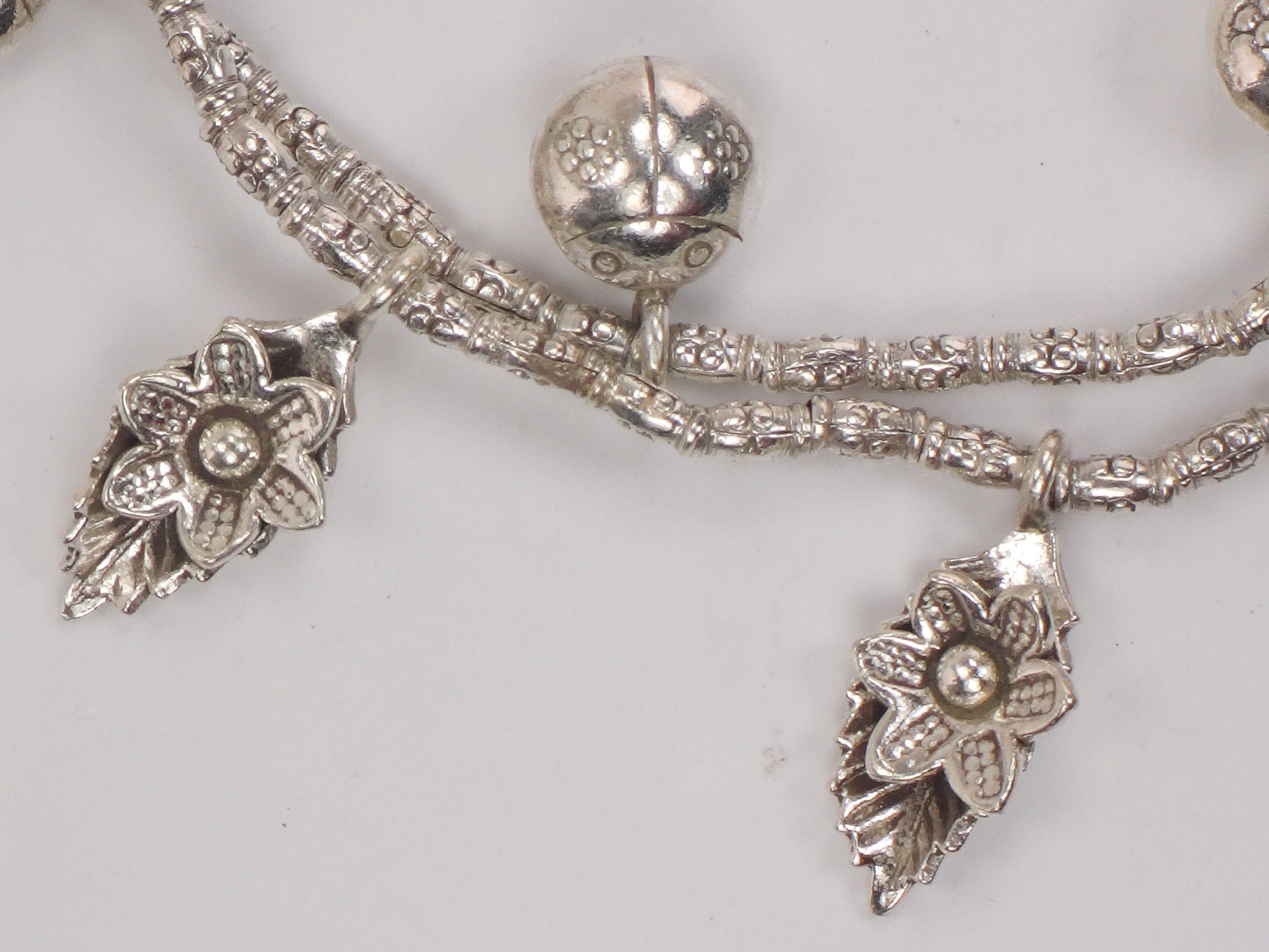 Sterling Silver Ladybug and Flower Charm Bracelet Flexible 7"