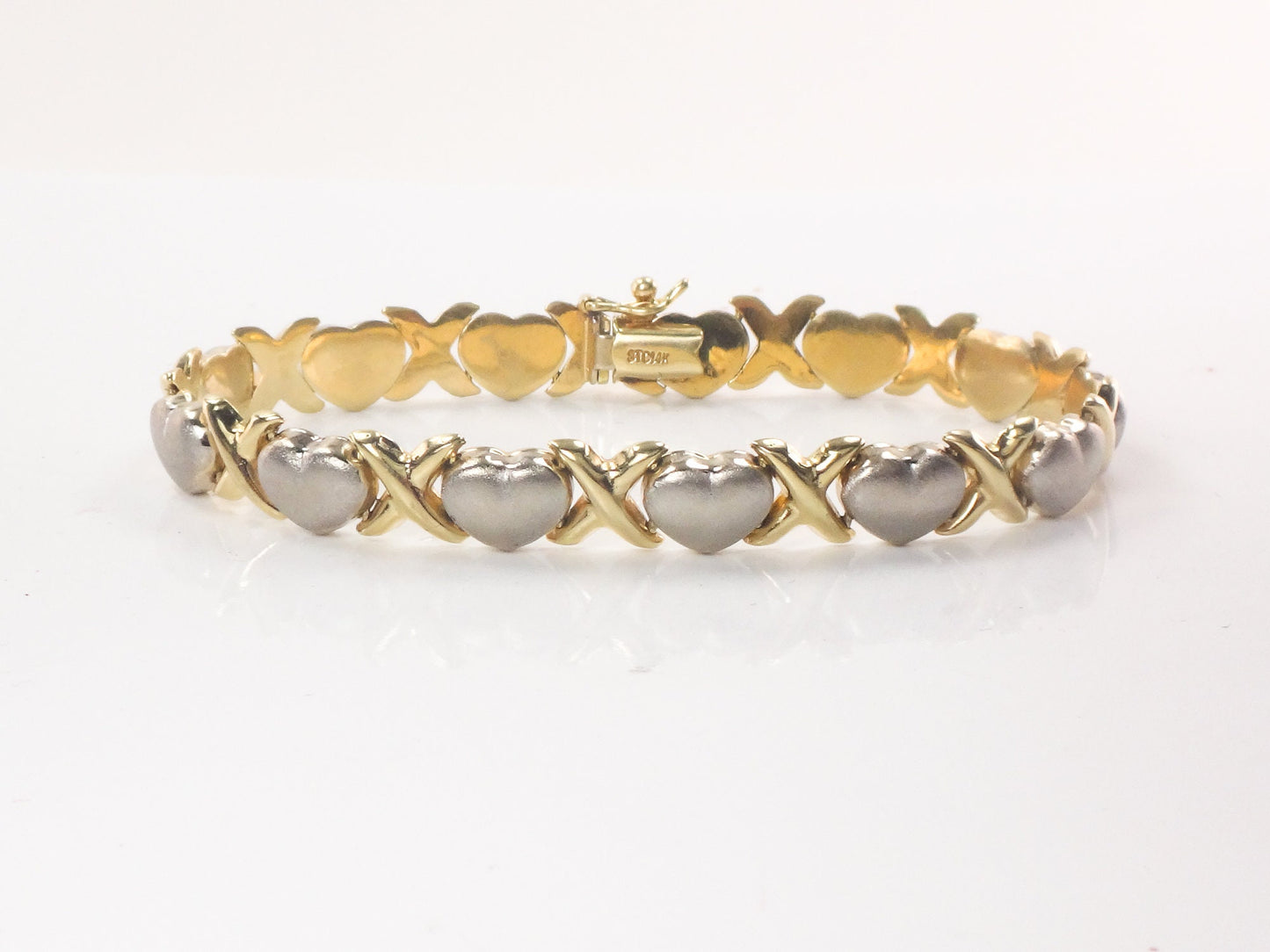 14k Two-Tone Gold X and Hearts Bracelet - Hugs and Kisses Italian Gold Bracelet - 7.25" - Circa 1990's