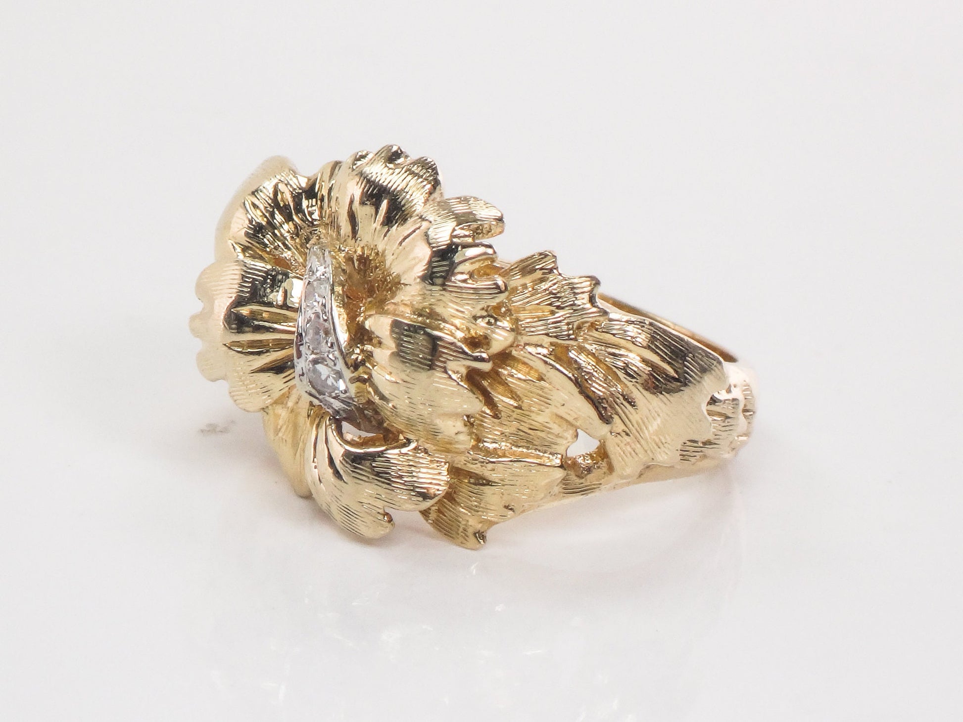 Vintage 14k Solid Gold Natural Diamond Floral Bow Ring Everyday Ring Size 6