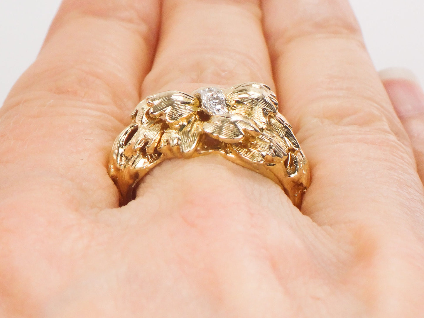 Vintage 14k Solid Gold Natural Diamond Floral Bow Ring Everyday Ring Size 6