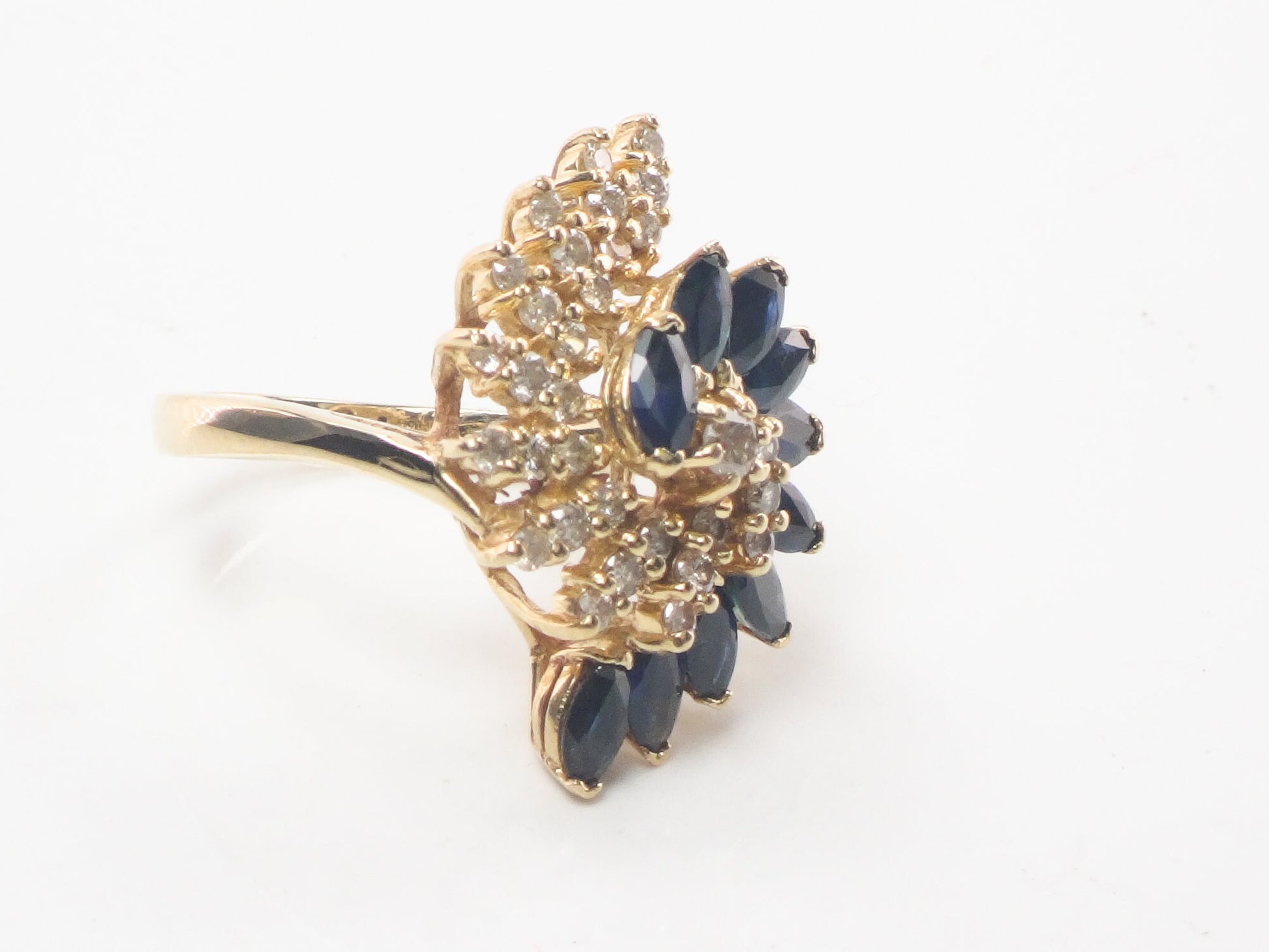 Vintage 14k Yellow Gold Blue Sapphire and Natural Diamond Swirl Ring Size 5