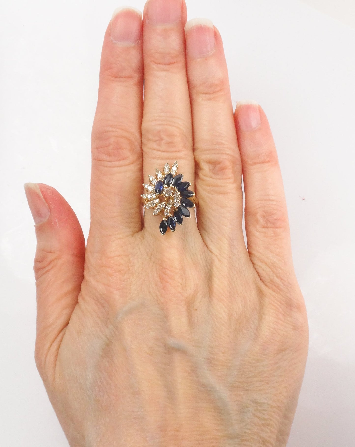 Vintage 14k Yellow Gold Blue Sapphire and Natural Diamond Swirl Ring Size 5