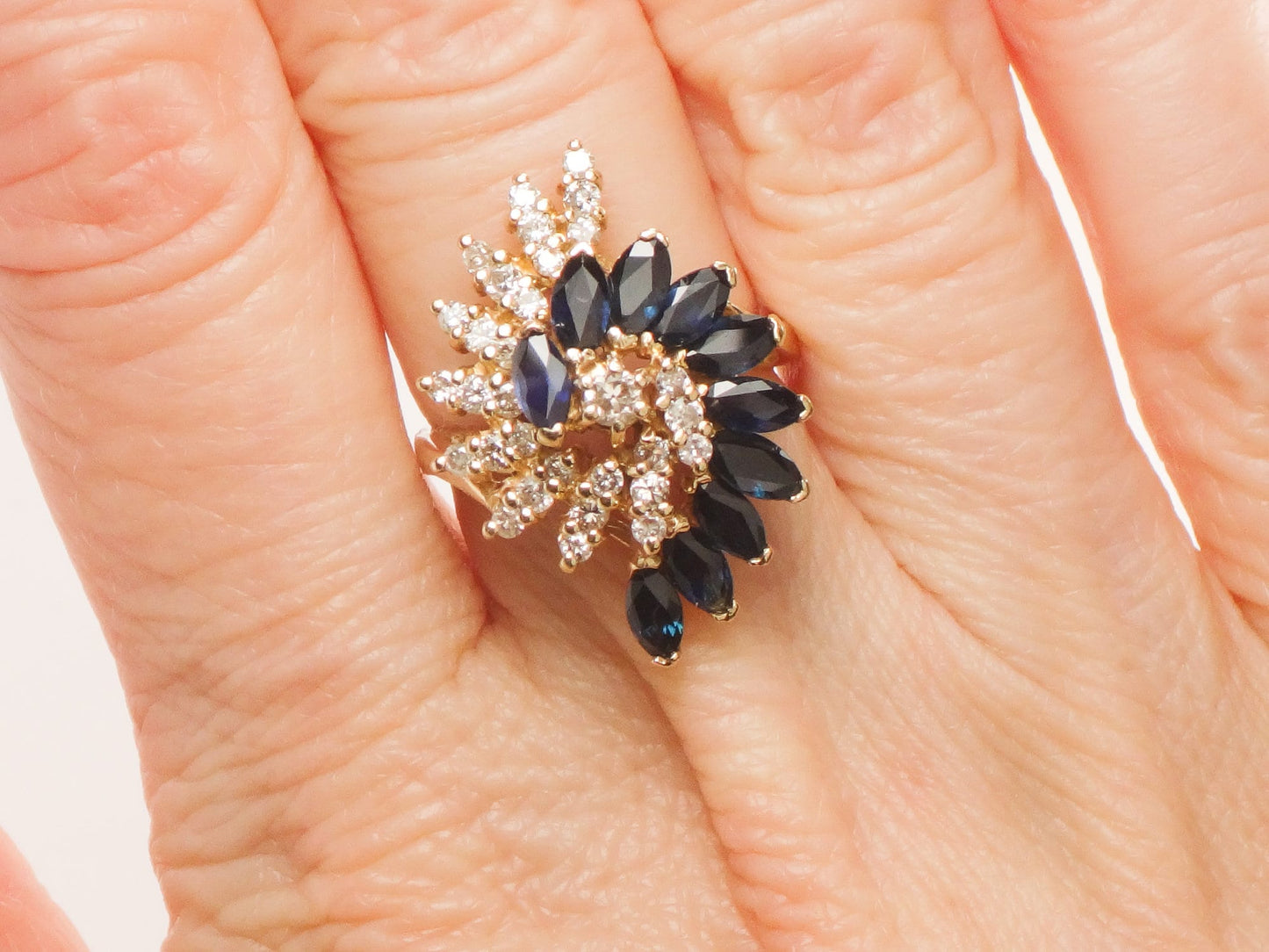 Vintage 14k Yellow Gold Blue Sapphire and Natural Diamond Swirl Ring Size 5