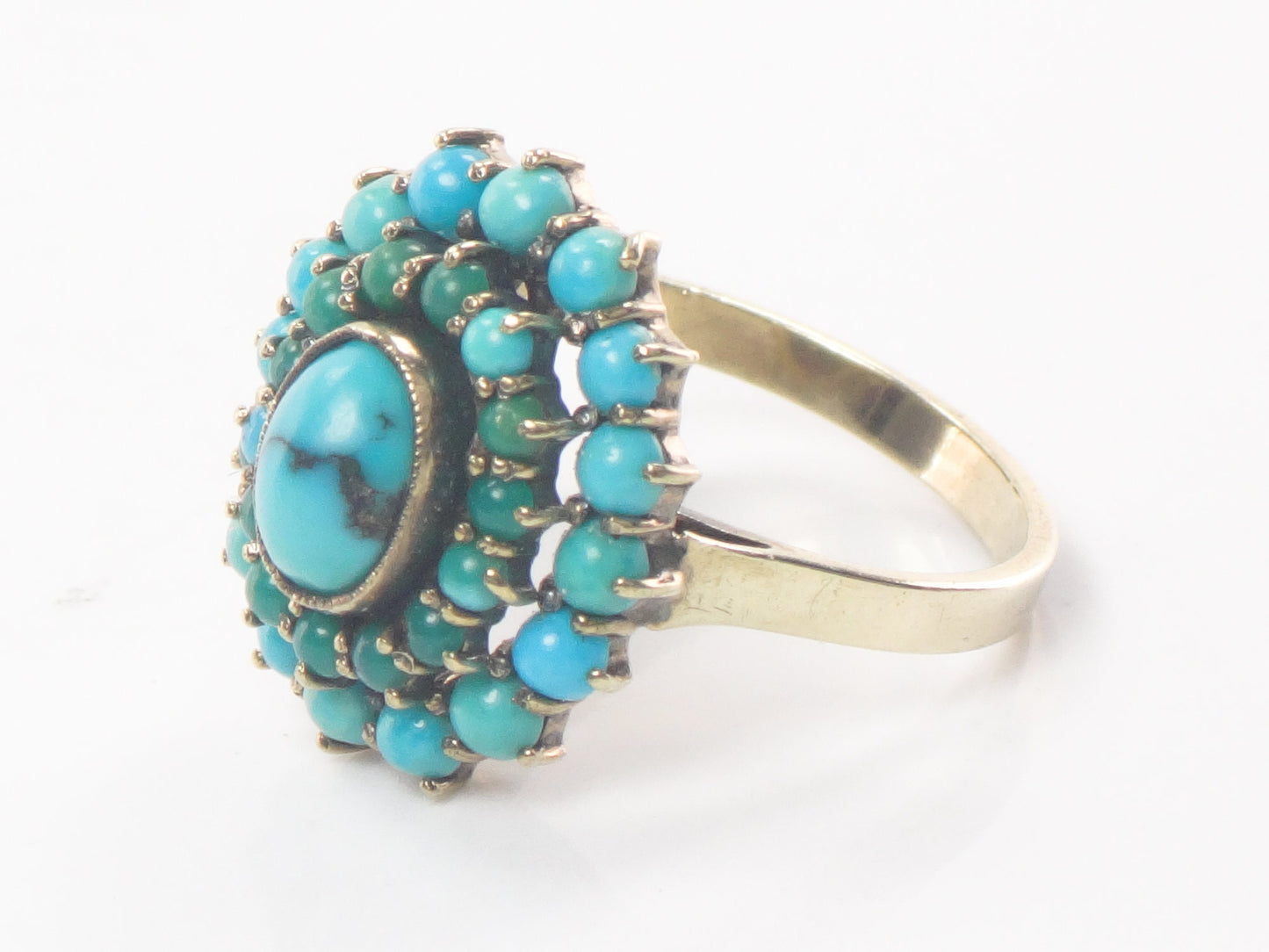 Vintage 10k Gold Turquoise Cluster Ring: Blue Green Oval Dome Style