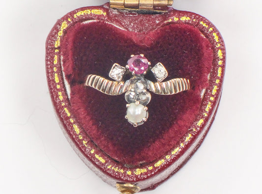 Antique 15k Gold Victorian Ring: Ruby, Pearl & Rose Cut Diamond