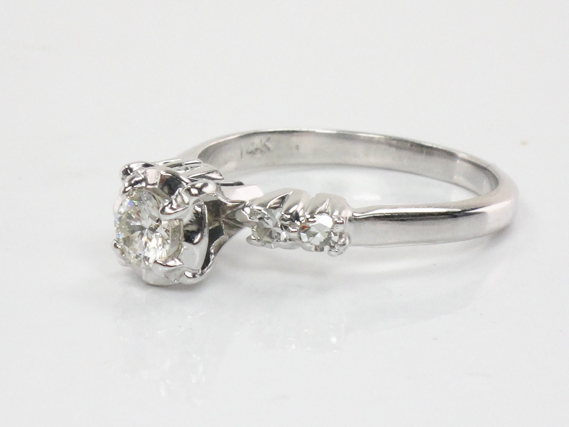 14k White Gold Natural Diamond Engagement Ring Vintage Round Brilliant Cut .25 Carat Center