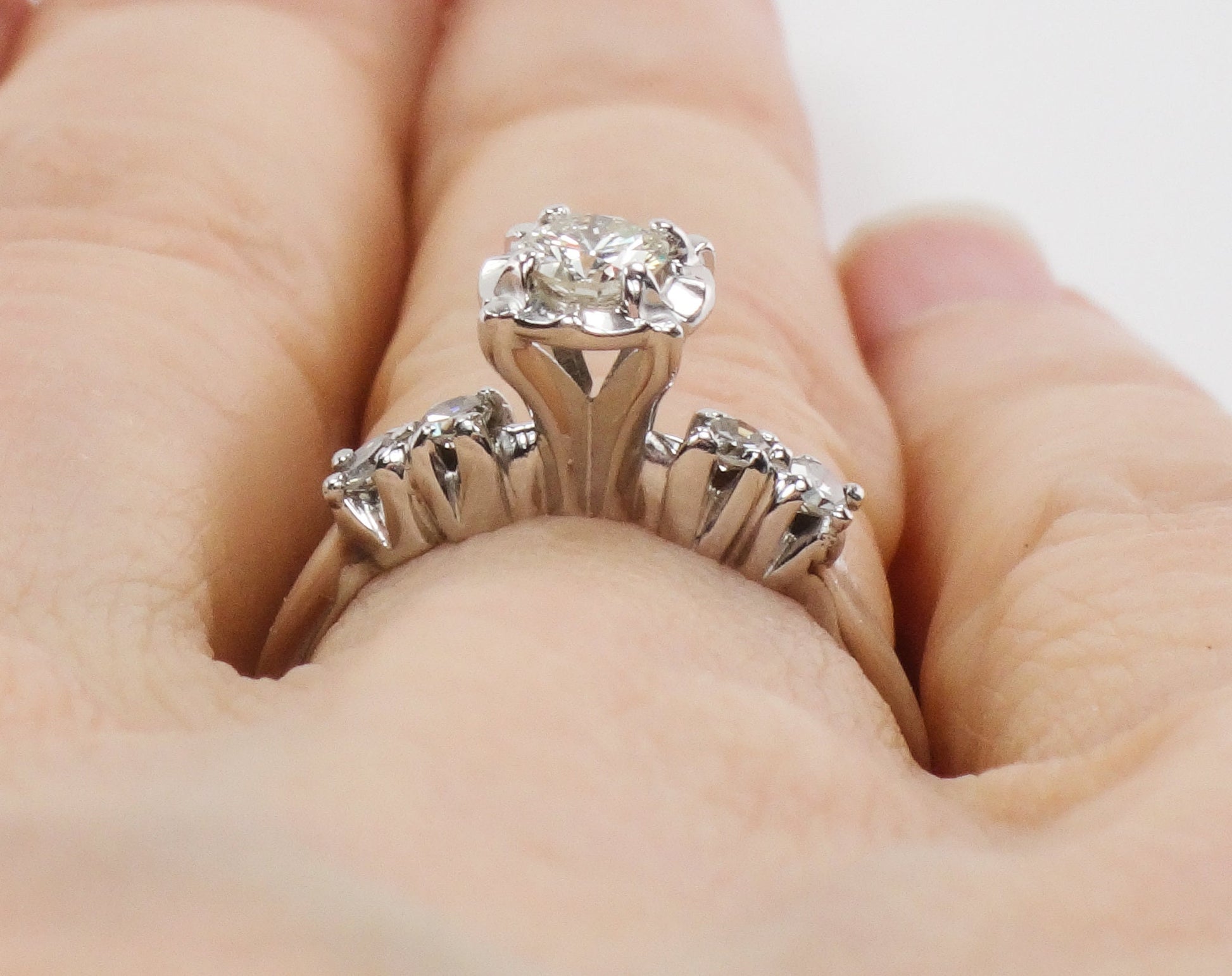 14k White Gold Natural Diamond Engagement Ring Vintage Round Brilliant Cut .25 Carat Center