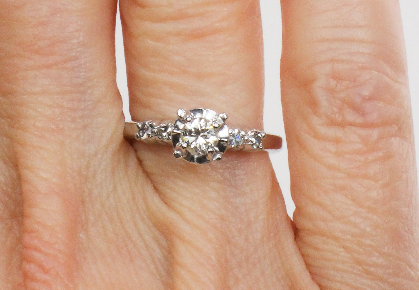 14k White Gold Natural Diamond Engagement Ring Vintage Round Brilliant Cut .25 Carat Center