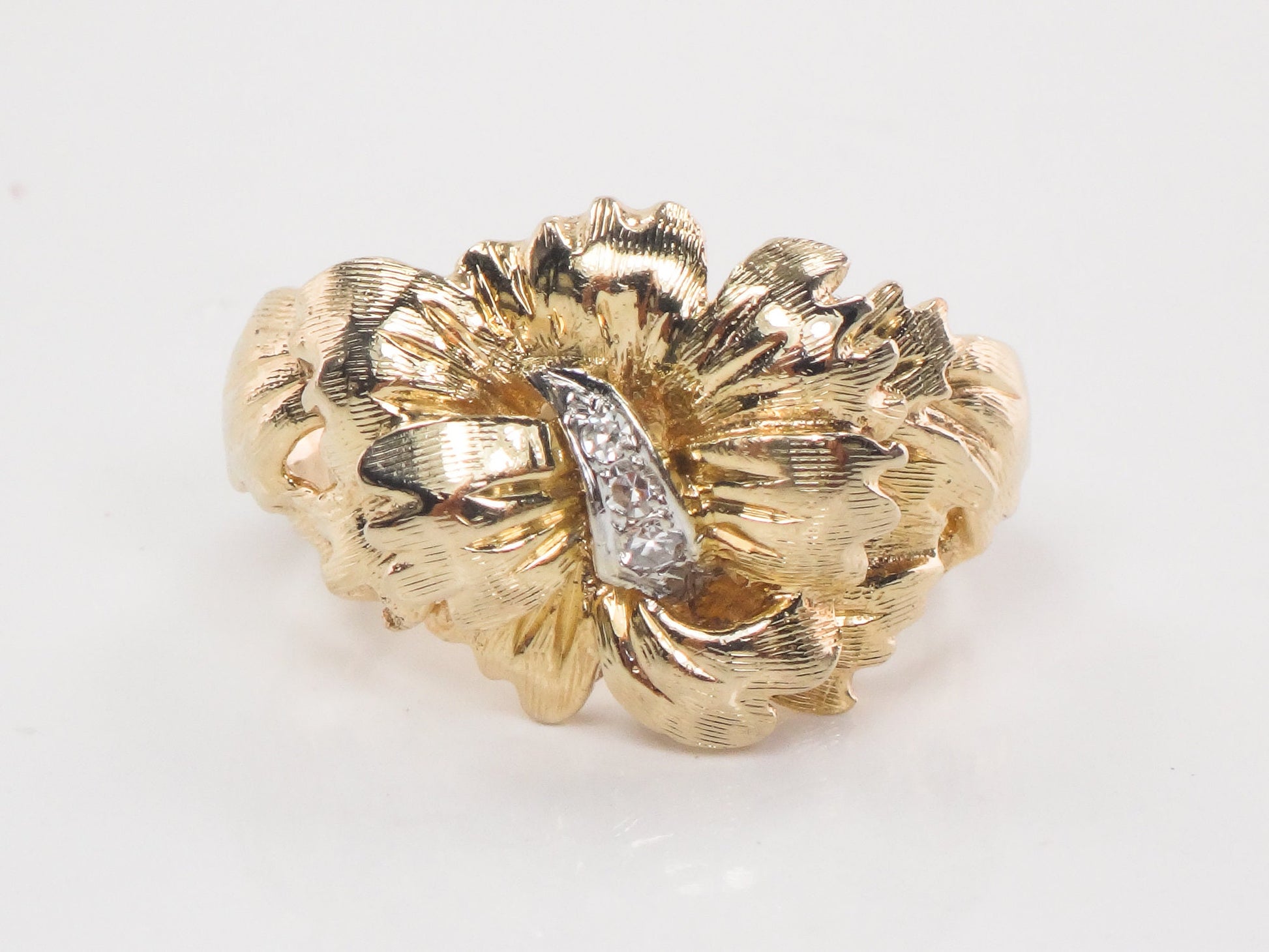 Vintage 14k Solid Gold Natural Diamond Floral Bow Ring Everyday Ring Size 6