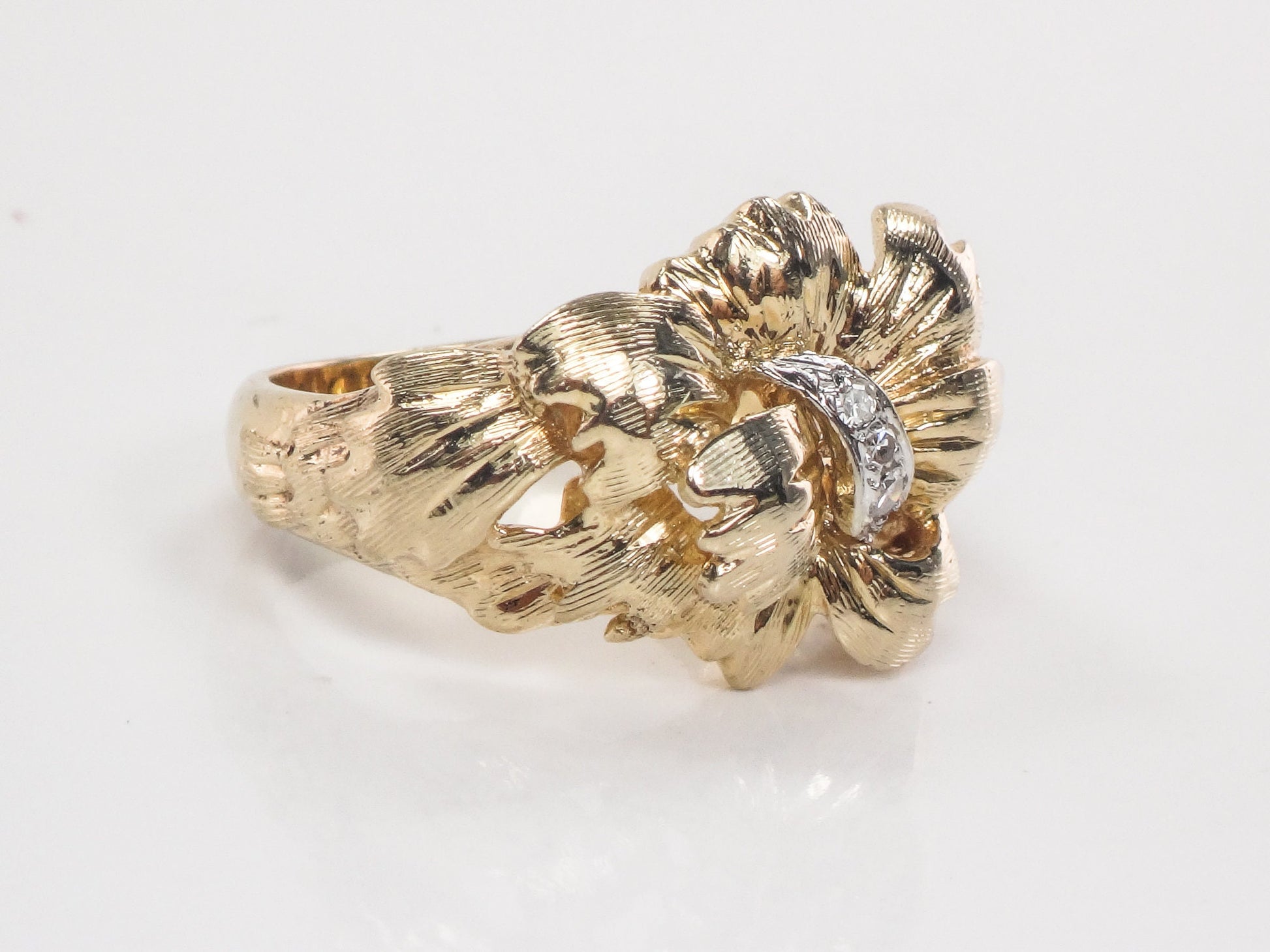 Vintage 14k Solid Gold Natural Diamond Floral Bow Ring Everyday Ring Size 6