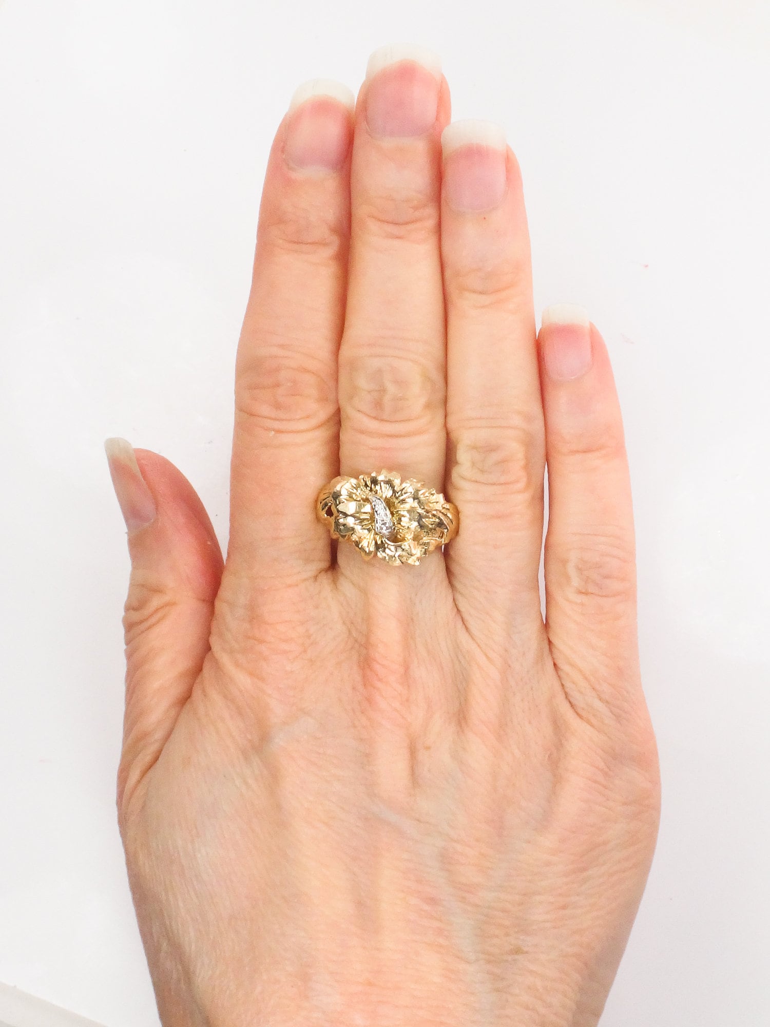 Vintage 14k Solid Gold Natural Diamond Floral Bow Ring Everyday Ring Size 6