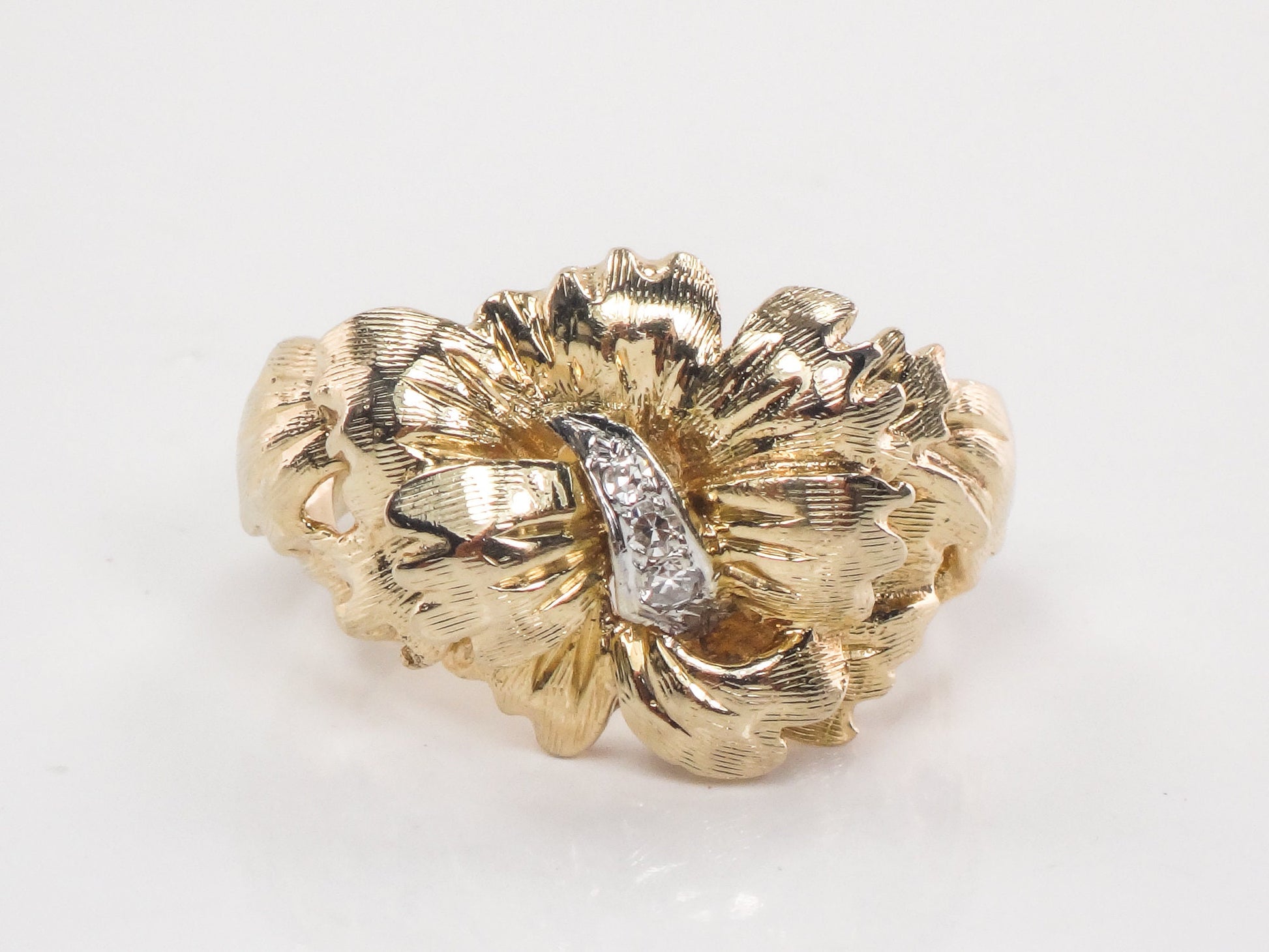 Vintage 14k Solid Gold Natural Diamond Floral Bow Ring Everyday Ring Size 6