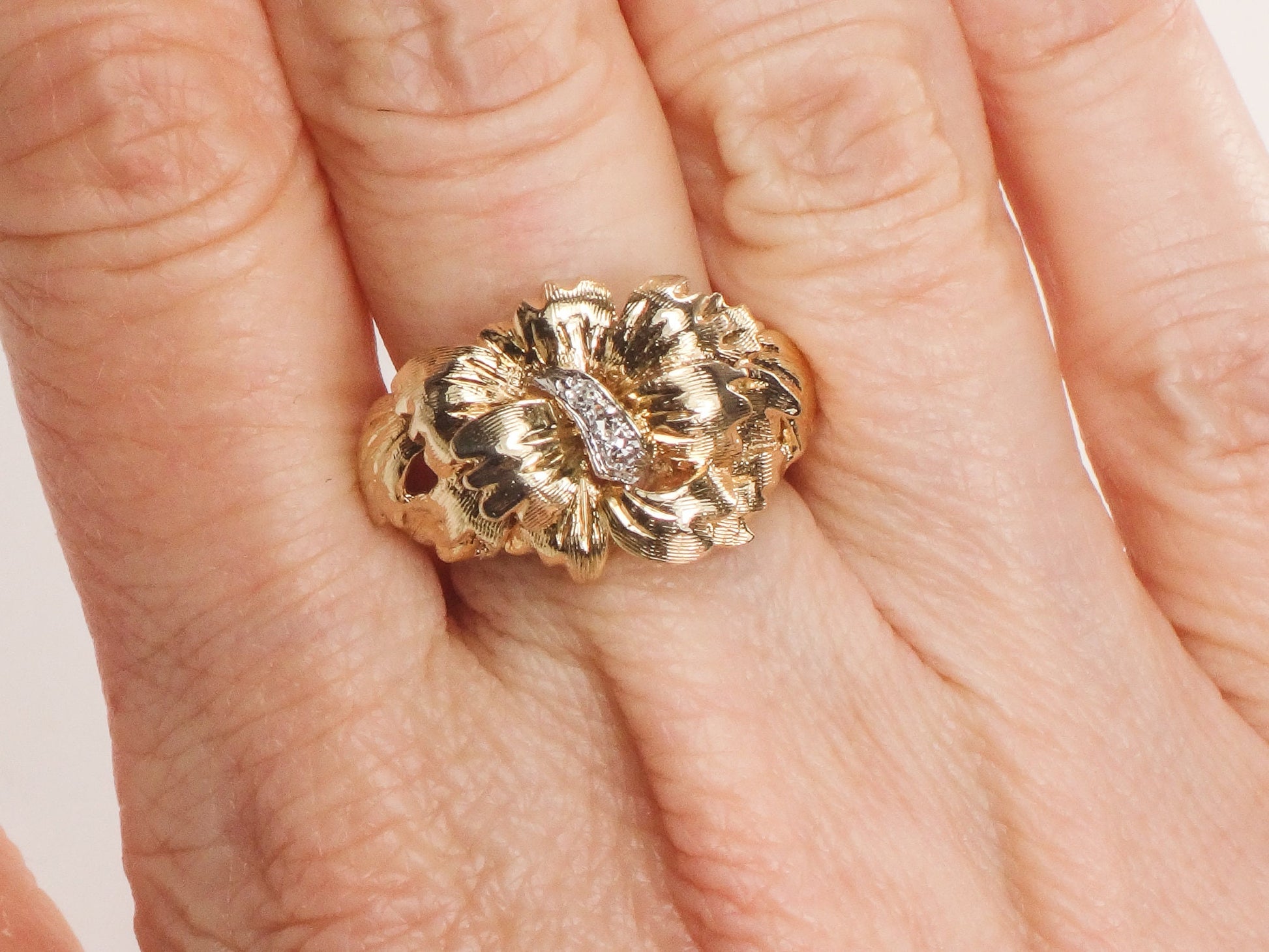 Vintage 14k Solid Gold Natural Diamond Floral Bow Ring Everyday Ring Size 6