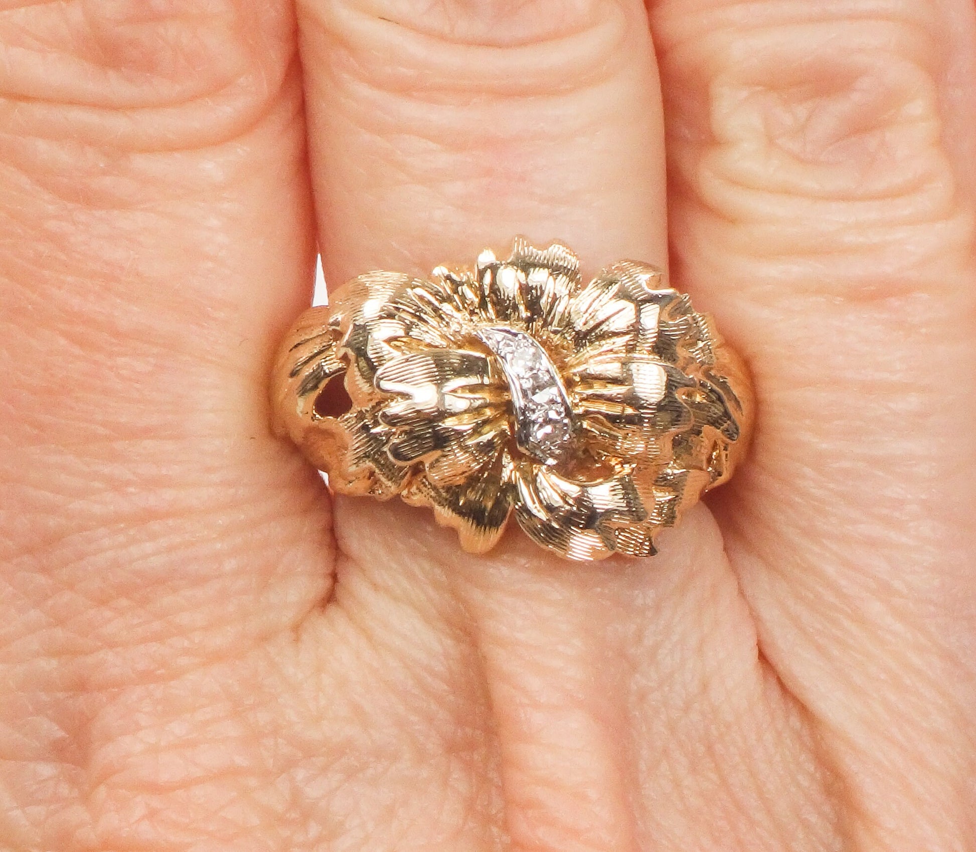 Vintage 14k Solid Gold Natural Diamond Floral Bow Ring Everyday Ring Size 6