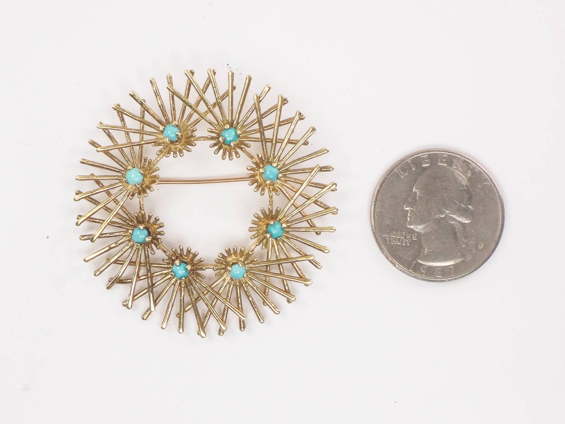 Large Solid 14k Yellow Gold Turquoise Circle Pin Vintage Mid-Century Gold Starburst Brooch